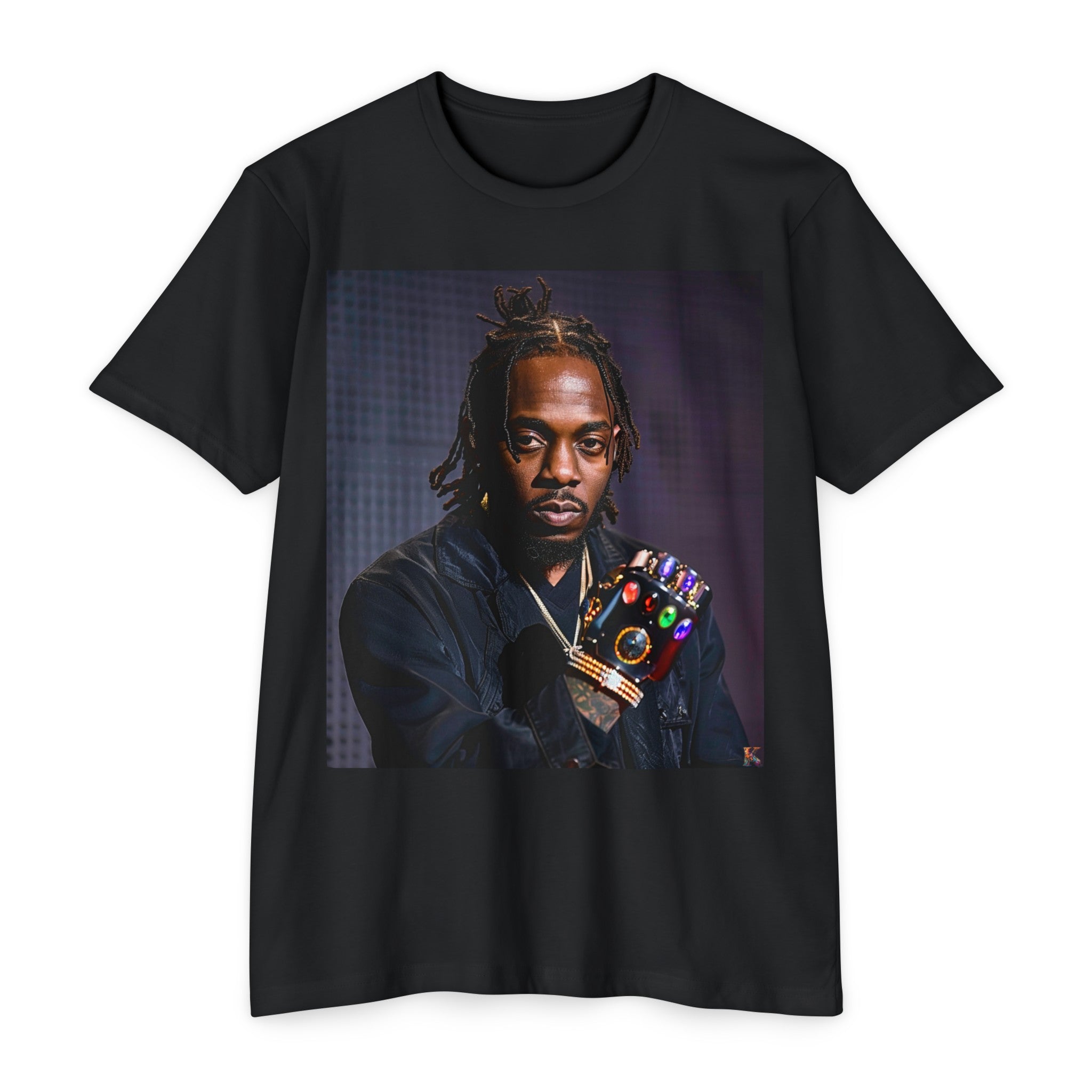 The image showcases a unisex CVC jersey t-shirt, colored in a rich, eye-catching hue that sets off the vivid, detailed graphic of K. Lamar wielding the Infinity Gauntlet. The design is bold yet stylish, perfect for making a statement while keeping comfortable, and it’s clearly a shirt that speaks to both music lovers and fans of superhero lore.