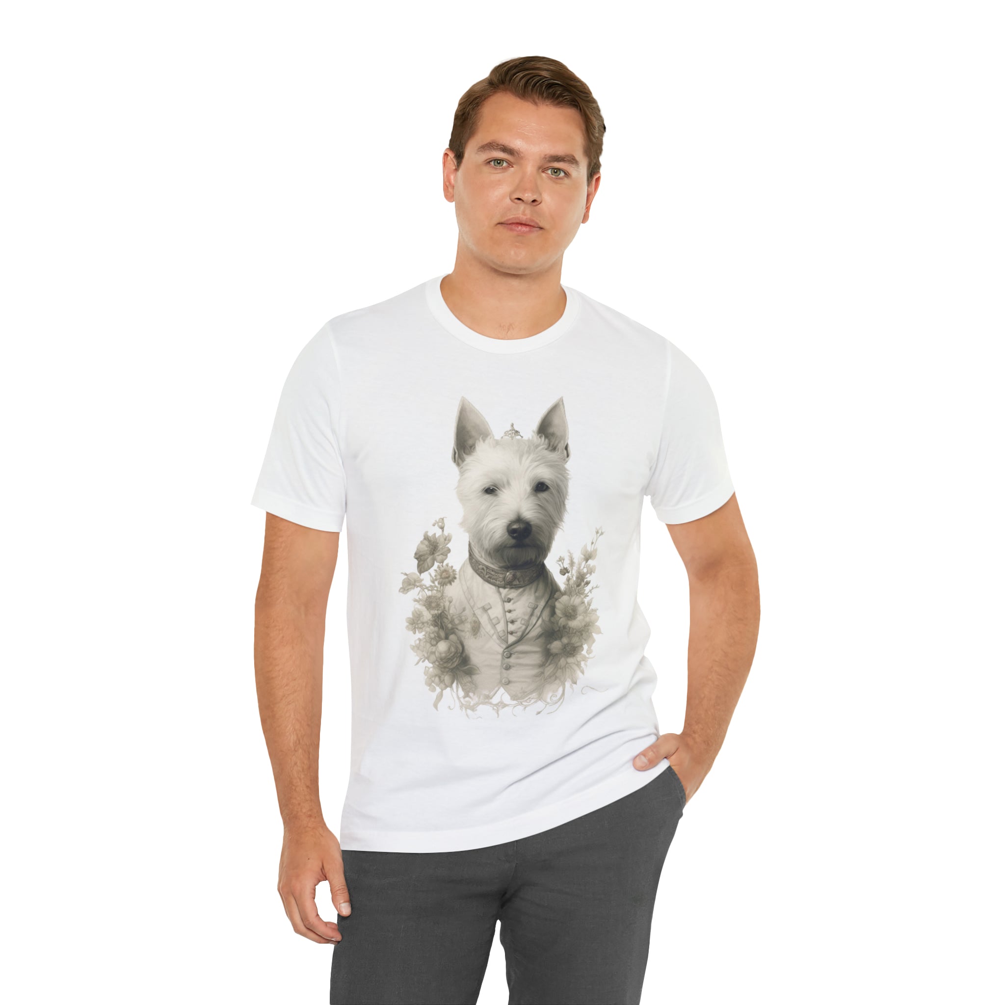 Unisex Jersey Short Sleeve Tee-"Distinguished Dog" Tee - Pencil Drawn Art, Floral Accents - Ideal Gift for Dog and Art Lovers