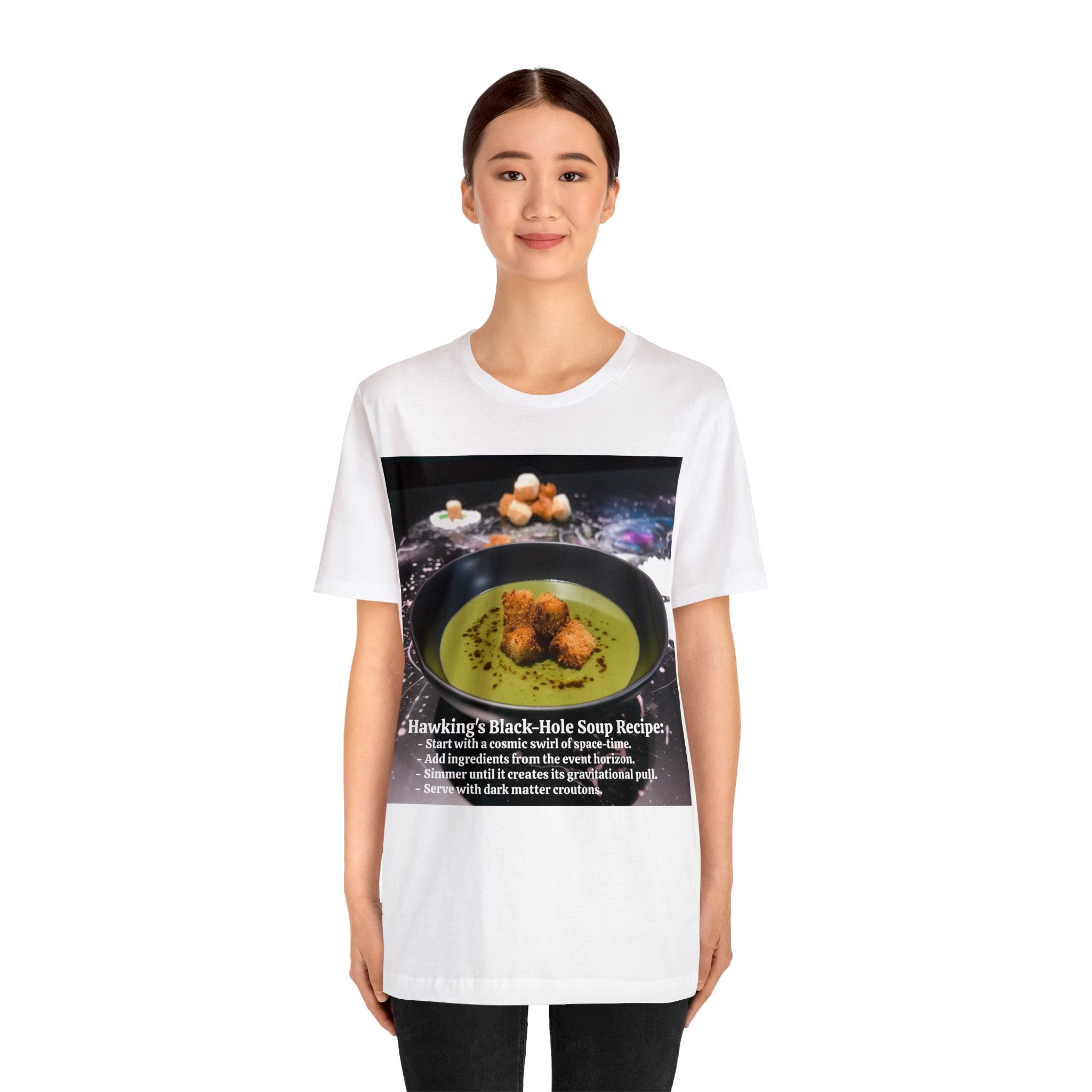 Show Your Charisma and Intellect with Hawking's Black-Hole Soup: A Cosmic Culinary Adventure Unisex Jersey Short Sleeve Tee