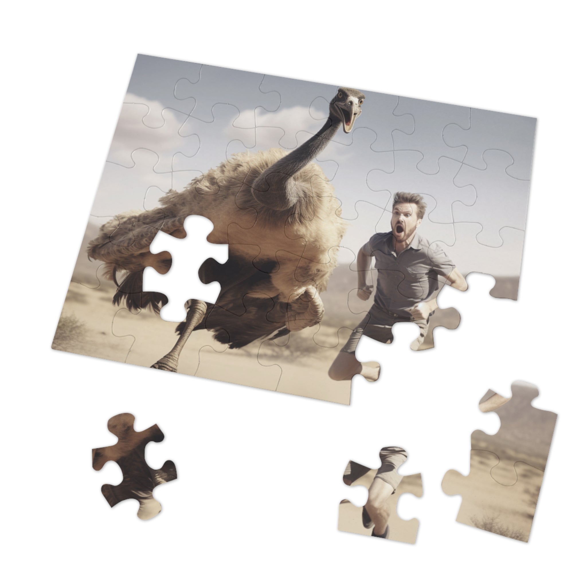 Funny Puzzle Gift Escape from Prehistoric Chicken: Man Running from Ancient Mean Big Bird Jigsaw Puzzle - Available in 30, 110, 252 Pieces for All Ages