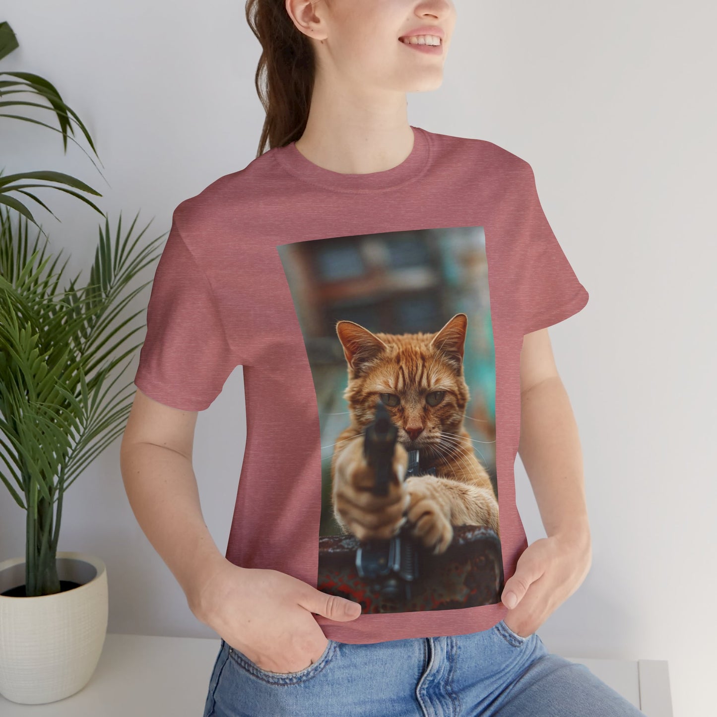 Stealth Paws: Feline Hitman Women's Jersey Short Sleeve Tee - Quirky Cat-Themed Apparel for Fashion-Forward Cat Lovers