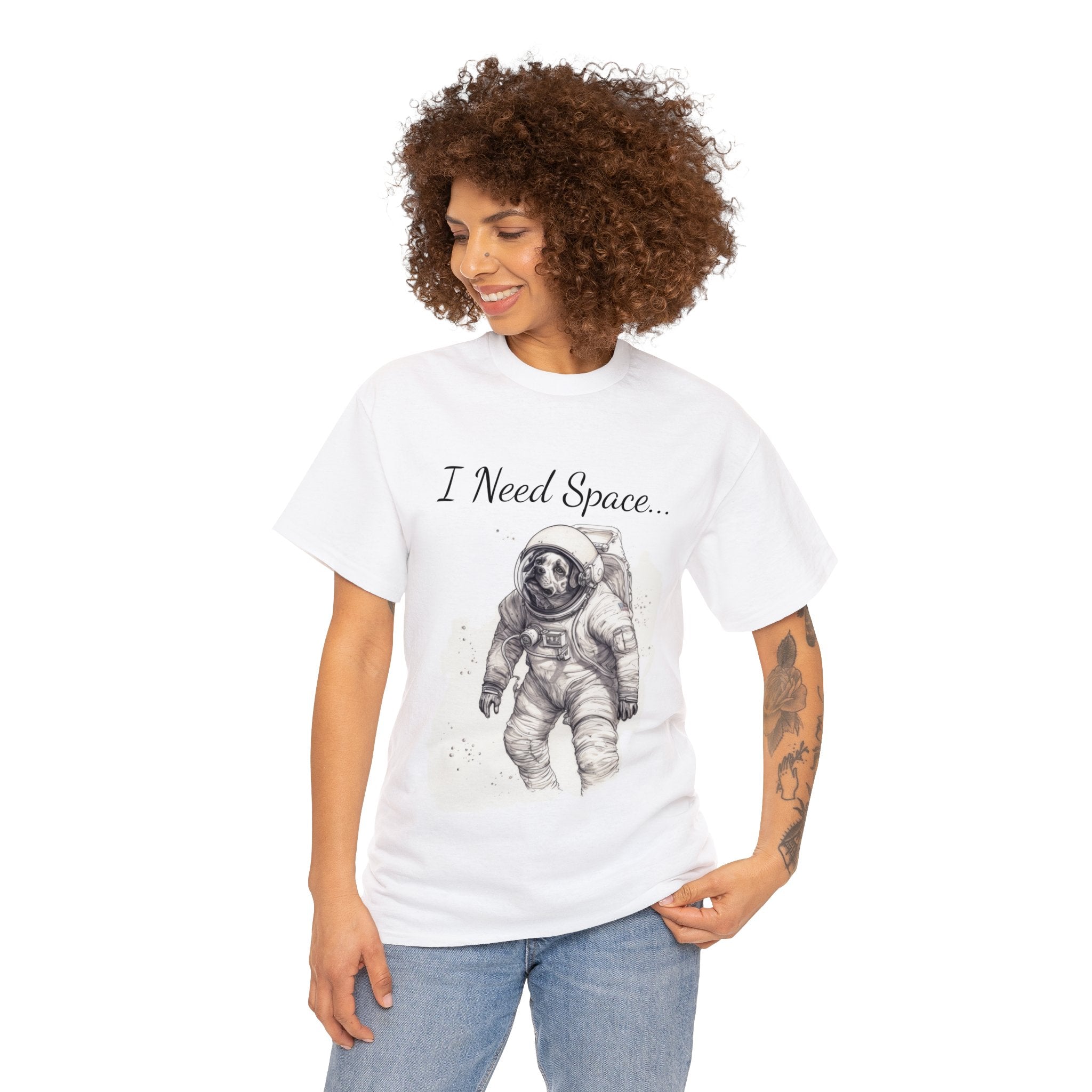 "Astronaut Dog 'I Need Space' Exploration Adventure Unisex Heavy Cotton Tee - Cosmic Canine Whimsy & Galactic Humor Design: A Stellar Fashion Statement"