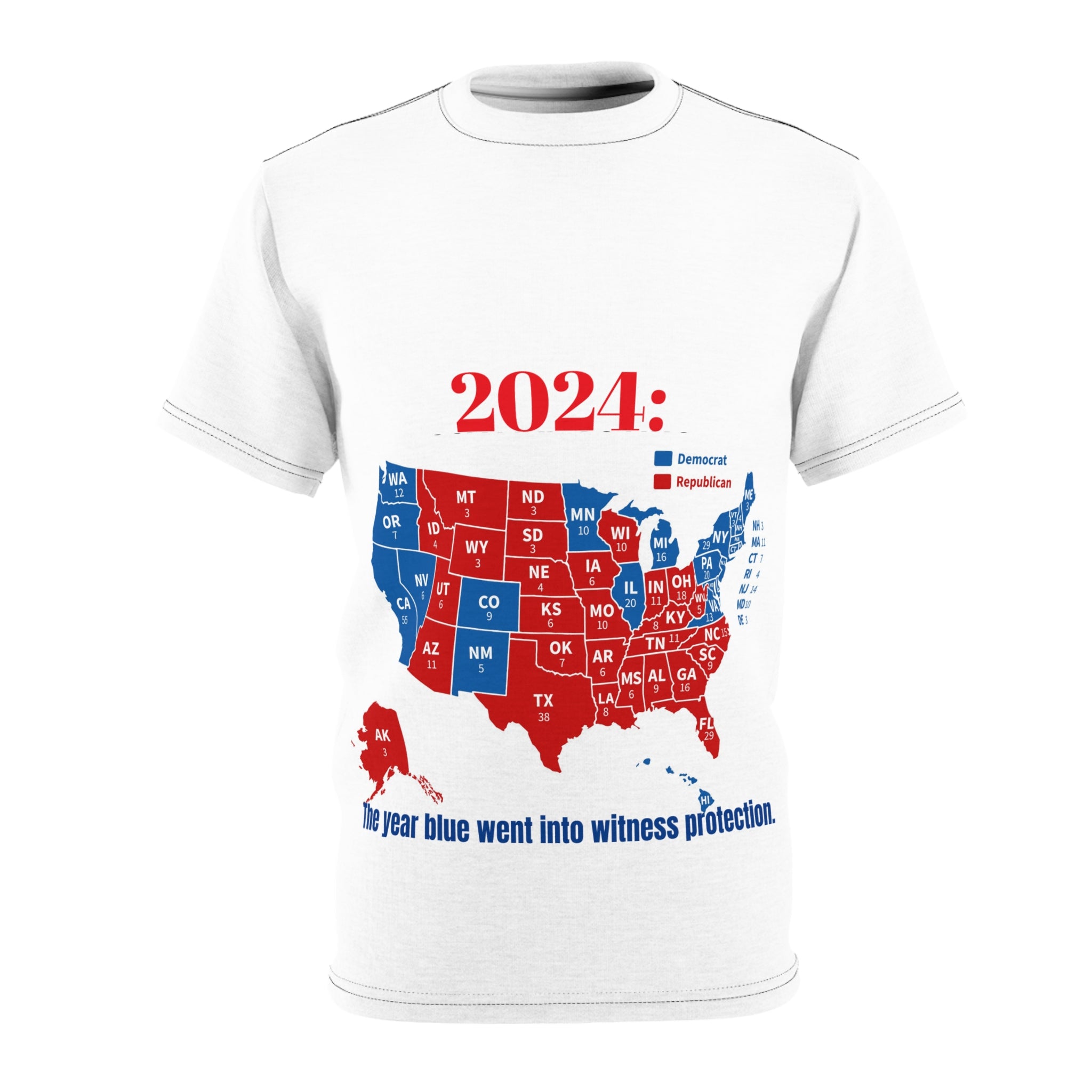 The image showcases a unisex cut & sew tee with an all-over print map of the 2024 US election results, featuring an overwhelming red design. The comfortable fit and high-quality fabric make it ideal for everyday wear.