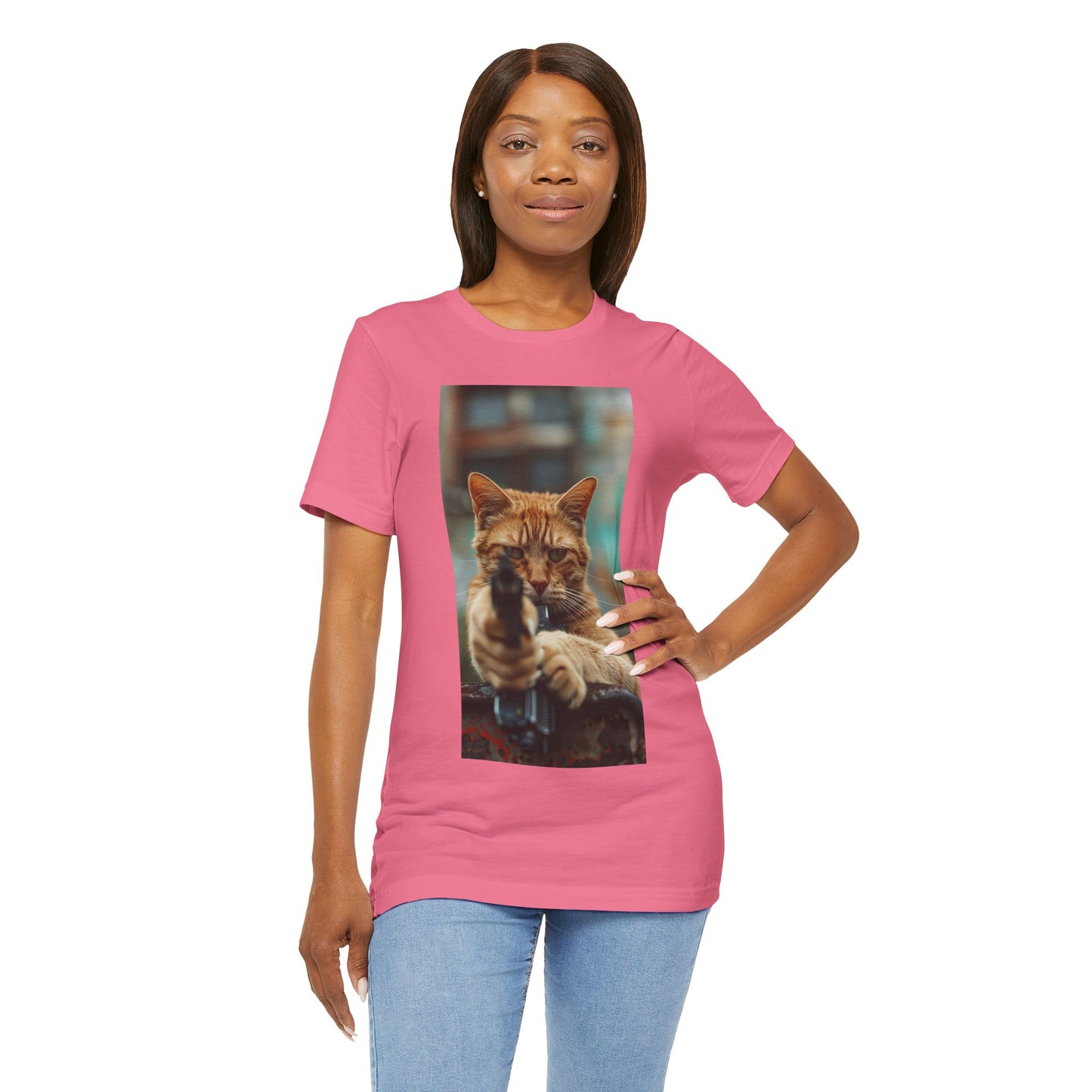 Stealth Paws: Feline Hitman Women's Jersey Short Sleeve Tee - Quirky Cat-Themed Apparel for Fashion-Forward Cat Lovers