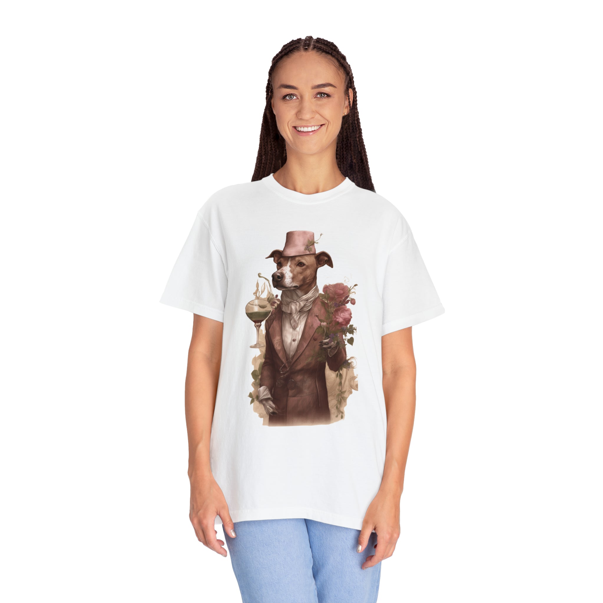 Women's Garment-Dyed T-shirt-"Canine Connoisseur" Pitbull Owners Wine Lovers (Professional Art)