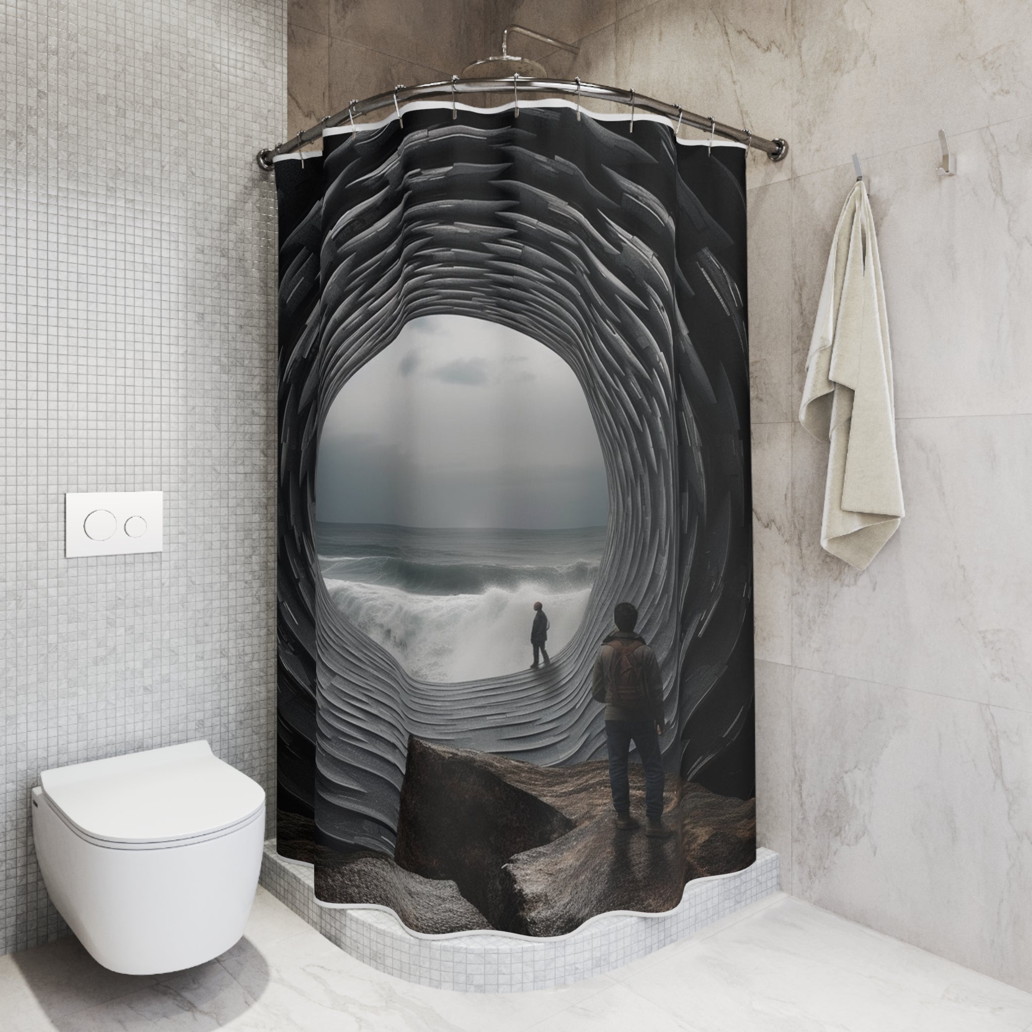 Polyester Shower 🏛️ Enigmatic Architectural Gateway: Ultra-Realistic Beach Portal Optical Illusion - Elegant Polyester Shower Curtain for Modern Bathrooms, Artistic Home Decor 🚿✨Curtain