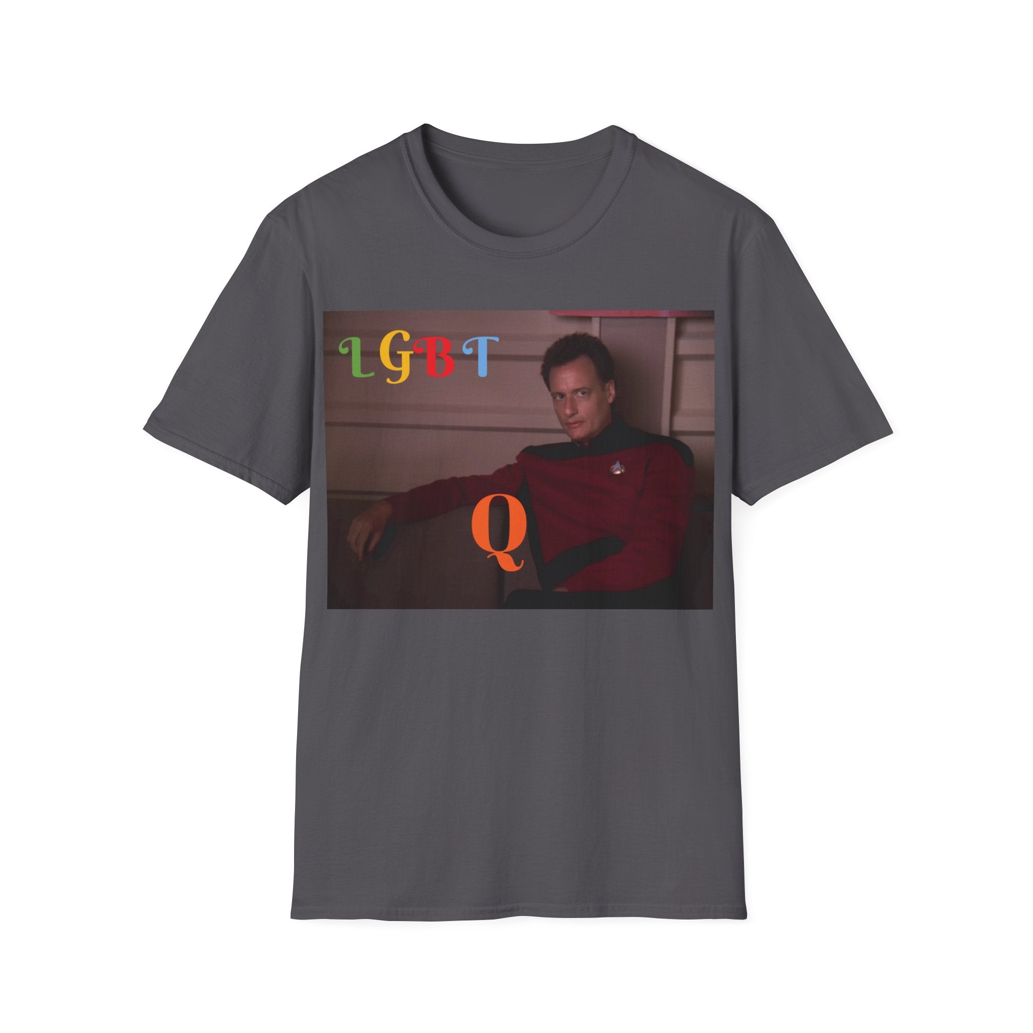This unique design combines a love for the iconic sci-fi series with a proud nod to LGBTQ support, featuring a humorous twist with the character Q. Perfect for Star Trek fans and members of the LGBTQ community, this shirt is a fun way to show pride and passion for both.