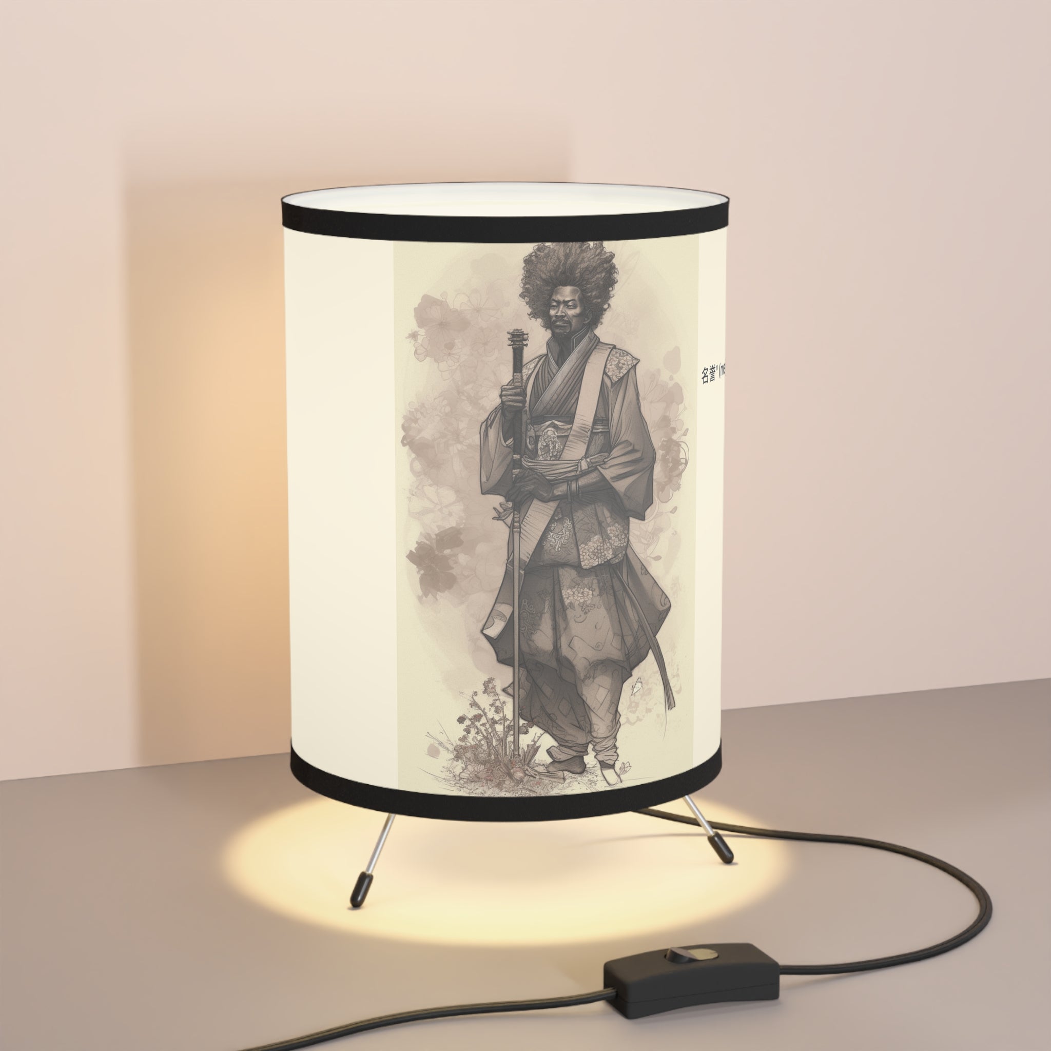 Tripod Lamp with High-Res Printed Shade, US\CA plug- "Meiyo" (Honor) African Samurai for Anime Lovers Gift for Samurai Enthusiasts