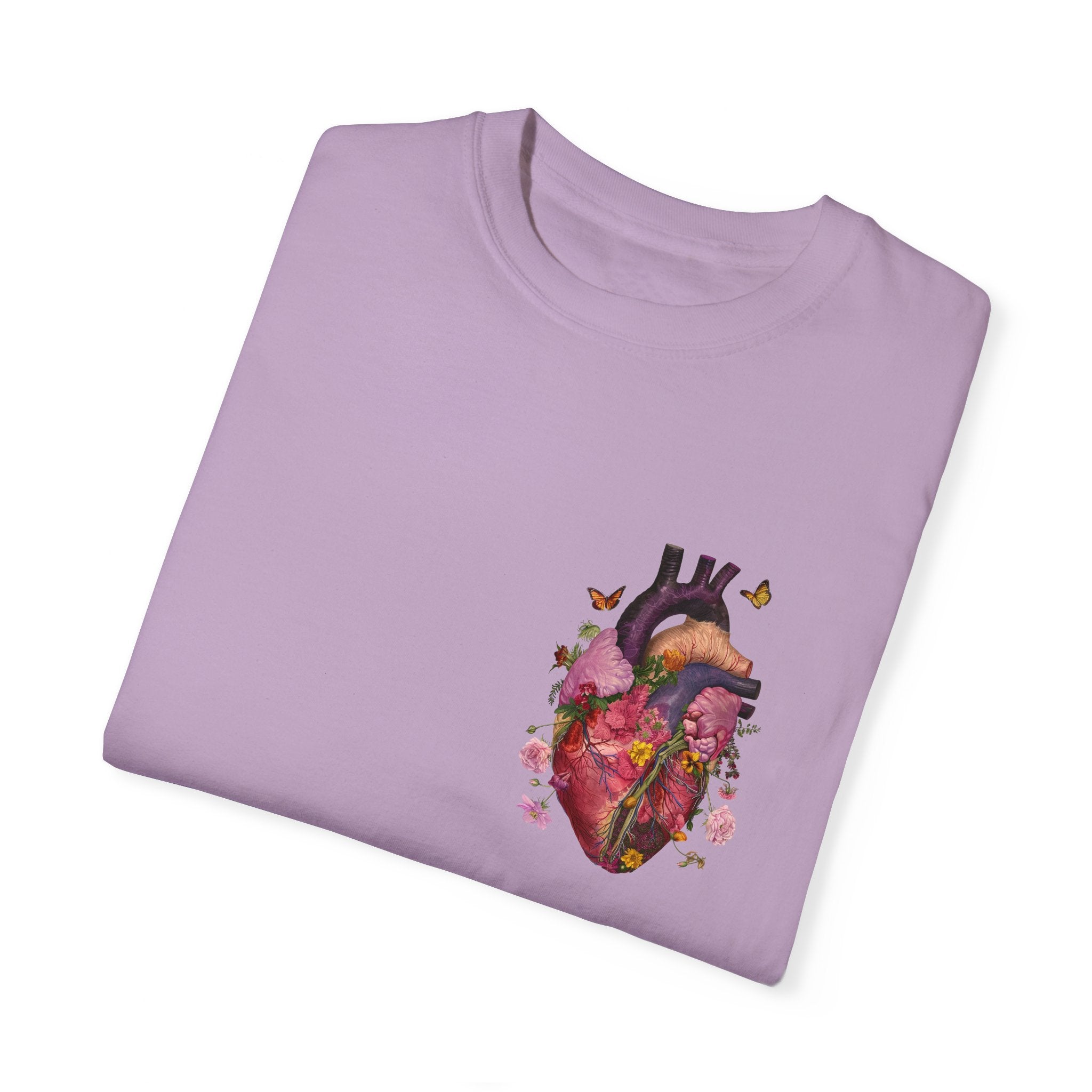 Botanical Heartbeat: Floral Heart Anatomy Unisex Garment-Dyed T-Shirt - Wearable Art with a Touch of Nature