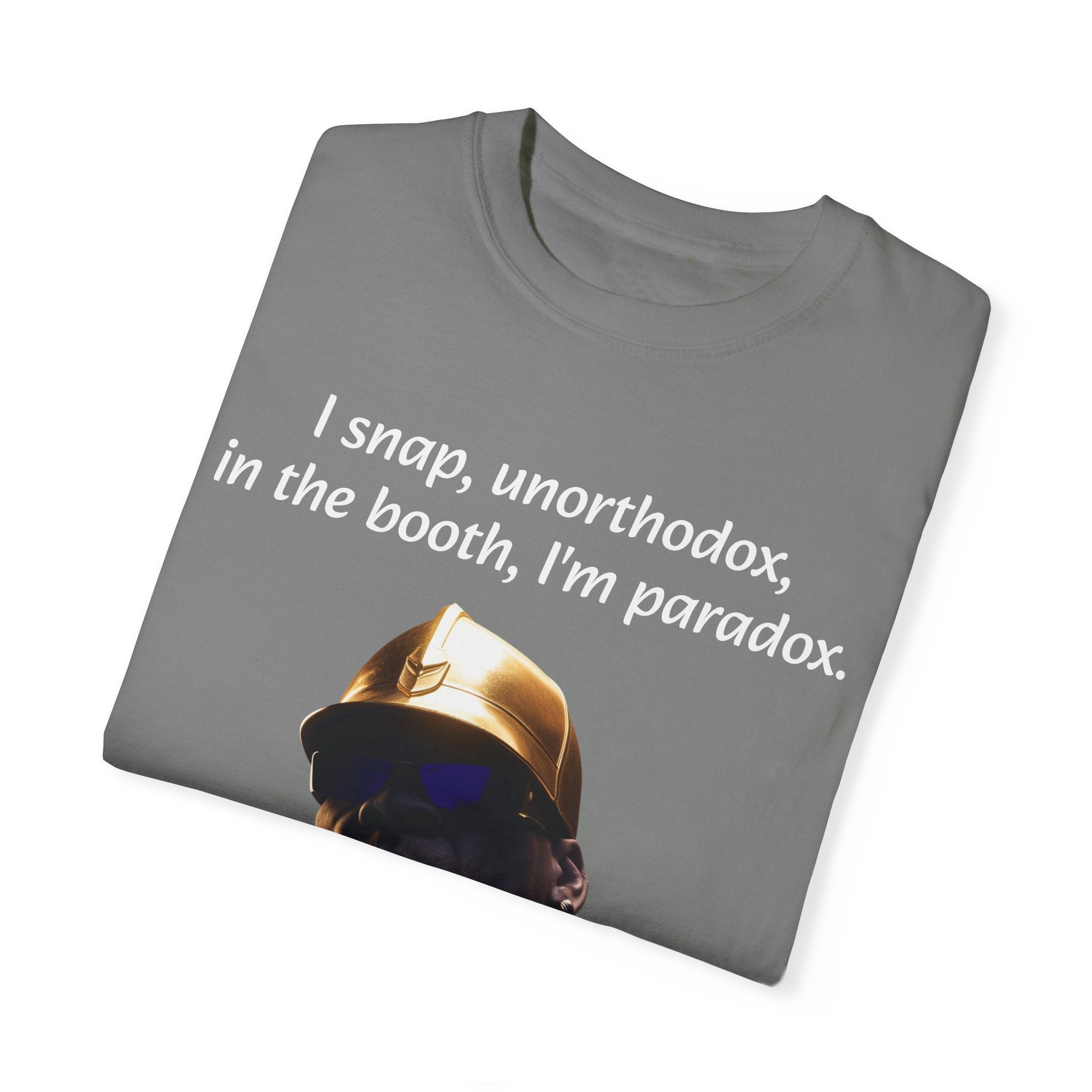 Lyrically Mad Titan T-Shirt: 'I Snap, Unorthodox, in the Booth, I'm Paradox' - Cosmic Warlord Inspired Hip Hop Unisex Garment-Dyed Tee for Urban Wear Enthusiasts