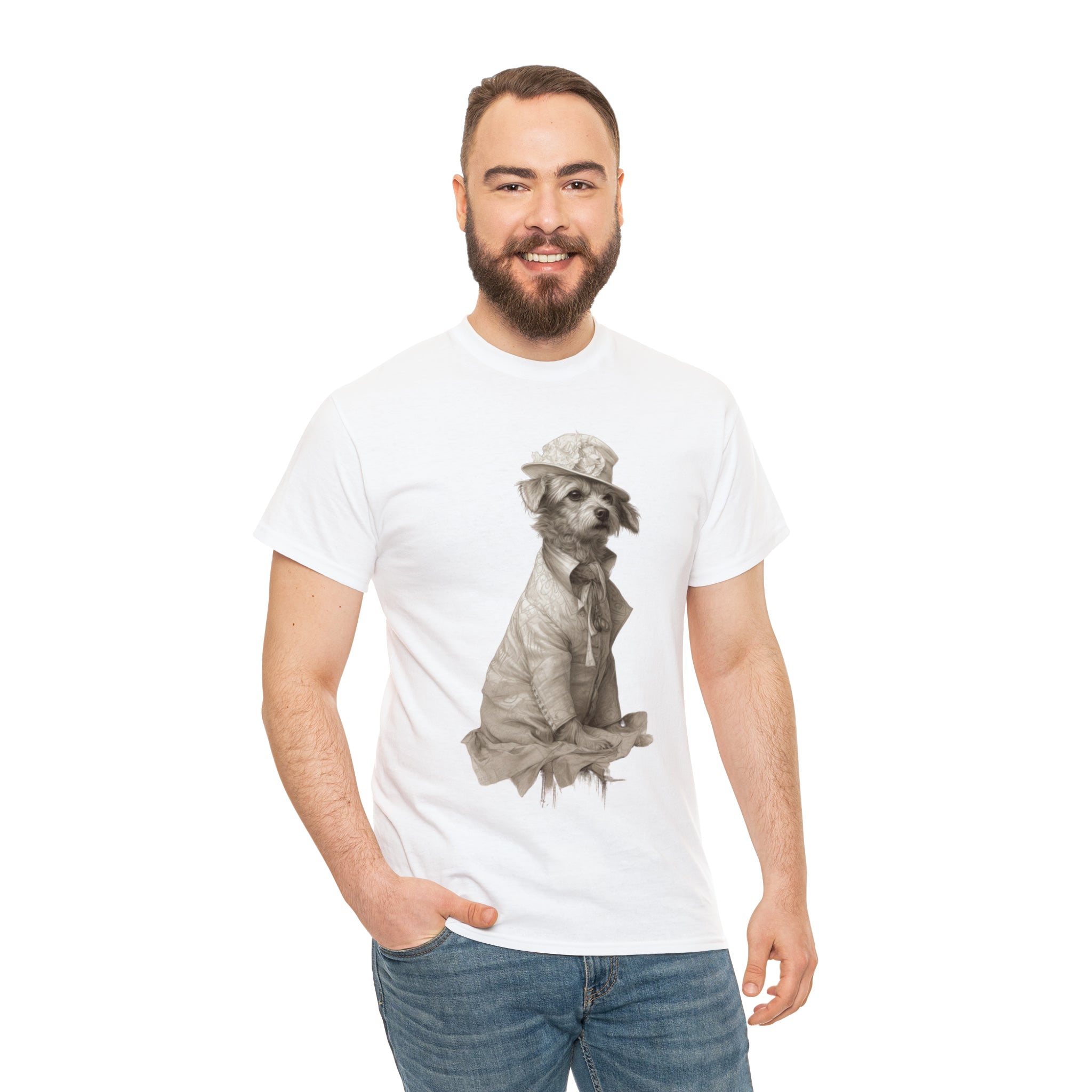 Unisex Heavy Cotton Tee-Distinguished Canine Tramp" Unisex Heavy Cotton Tee - Pencil Drawn Art with Floral Accents