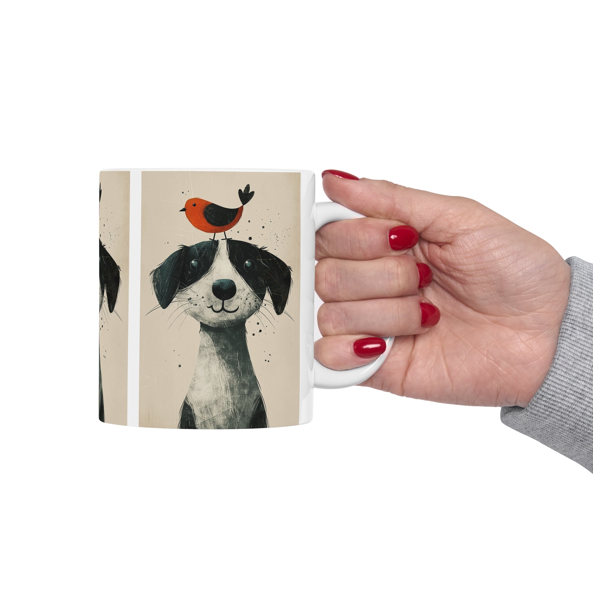 Coffee Drinkers and Dog Lovers Happy Dog with Friendly Birddie Ceramic Mug 11oz - Cute Animal Friendship Coffee Cup for Relaxing Mornings and Tea Afternoon Bliss