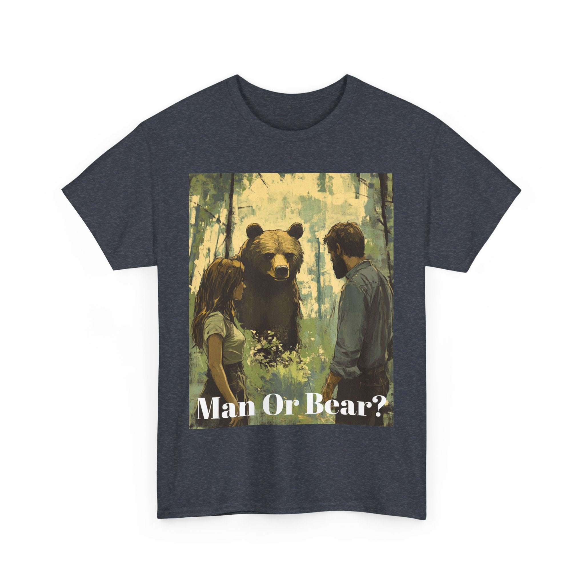 Wilderness Debate: 'Man or Bear?' Controversy Men's Heavy Cotton Tee - Embrace the Mystery