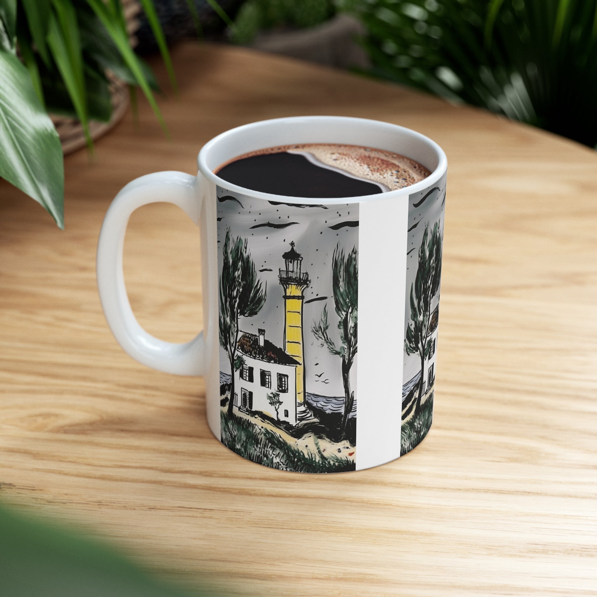 Perfect Addition to Beach  Theme Kitchen Decor Simple Lighthouse Against the White Surf of the Sea Ceramic Mug 11oz - Relaxing Charm & Nautical Elegance for Coffee Lovers Gift for Teachers Gift for Employees or Boss