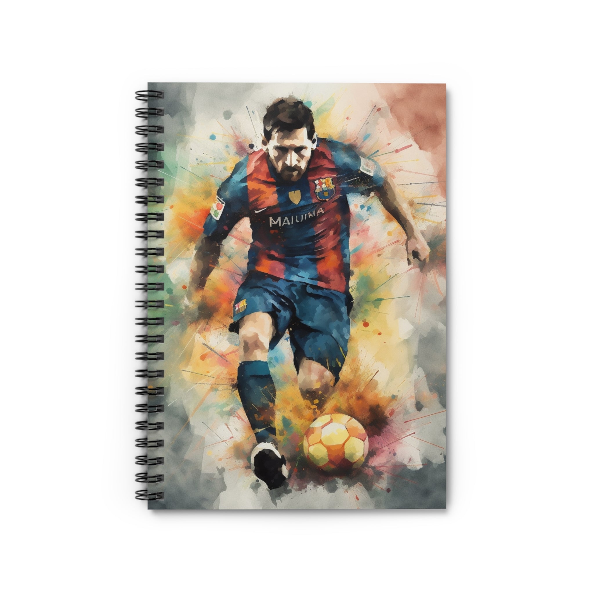 🌟 Capture Your Goals with Messi's Inspiration: Introducing the "Messi Watercolor Footballer Goal Warrior Spiral Notebook - Ruled Line," a creatively designed tribute to one of soccer's greatest legends, Lionel Messi. This notebook is perfect for fans, aspiring athletes, or anyone inspired by the skill and dedication of this renowned footballer.