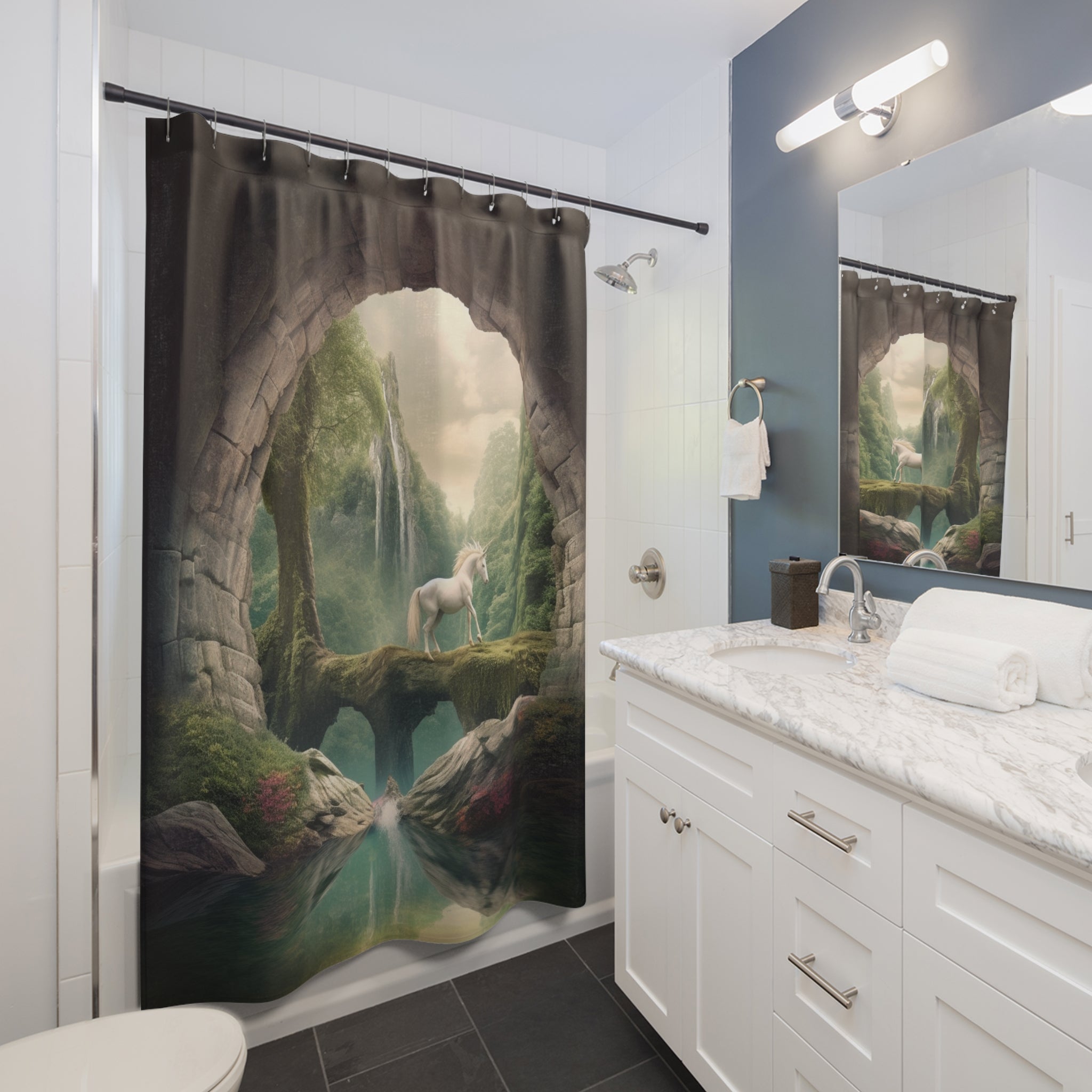 Transform Any Space with Our Hyper-Realistic Unicorn Art Illusion Portal Tapestry & Shower Curtain - Ideal Girls Room Decor Gift for Contemporary Home Décor Enthusiasts 🌟🏢🛁