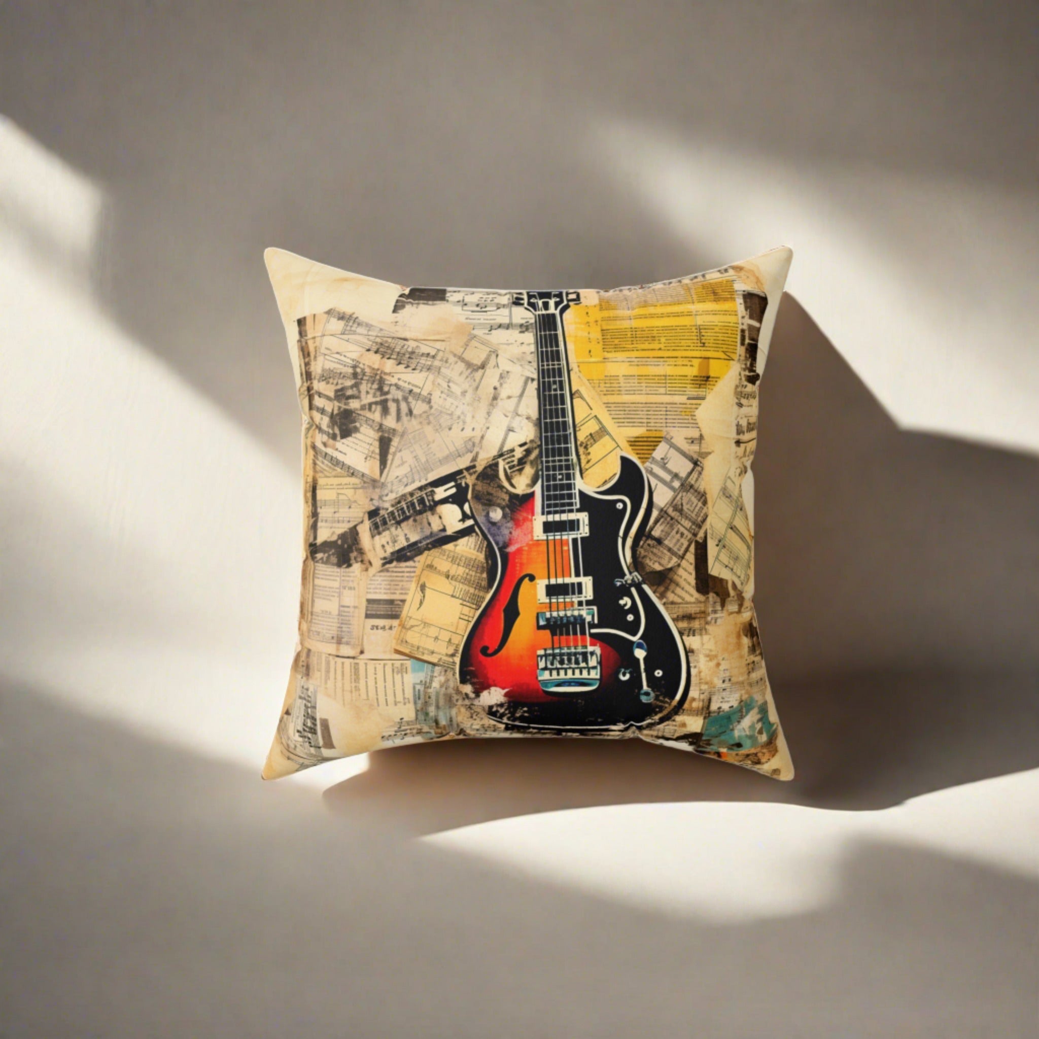 Spun Polyester Square Pillow- Guitar Music Collage (Professional Art)