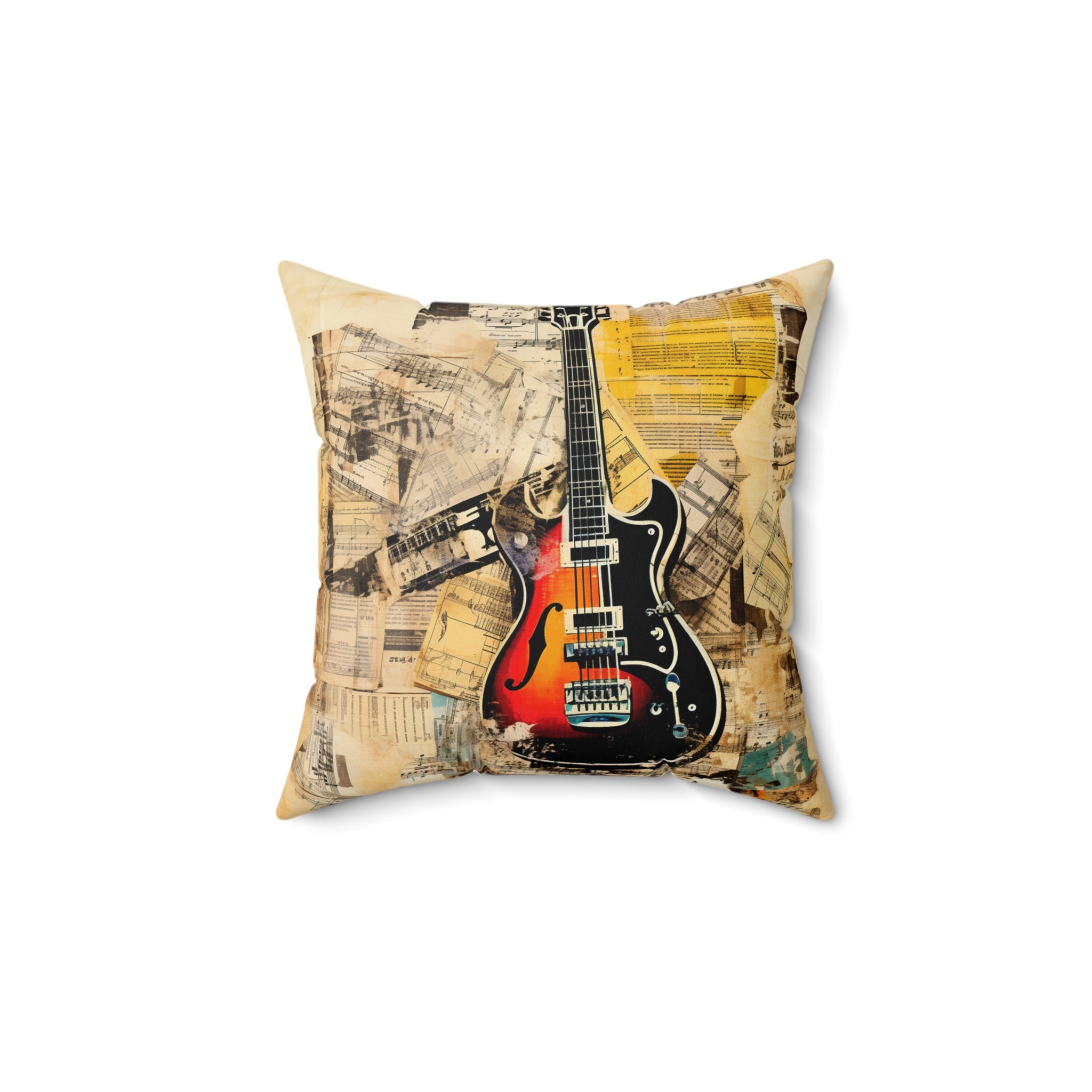 Spun Polyester Square Pillow- Guitar Music Collage (Professional Art)