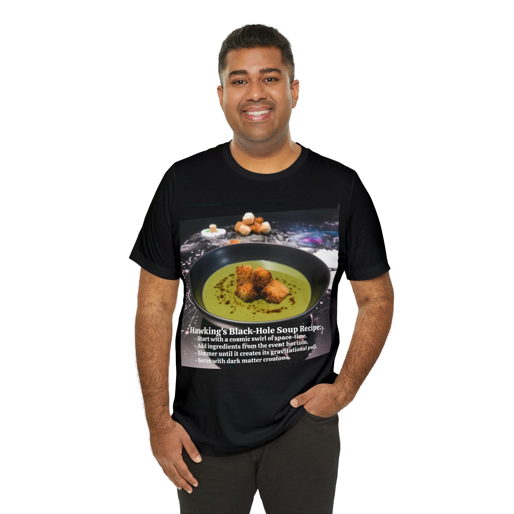 Show Your Charisma and Intellect with Hawking's Black-Hole Soup: A Cosmic Culinary Adventure Unisex Jersey Short Sleeve Tee