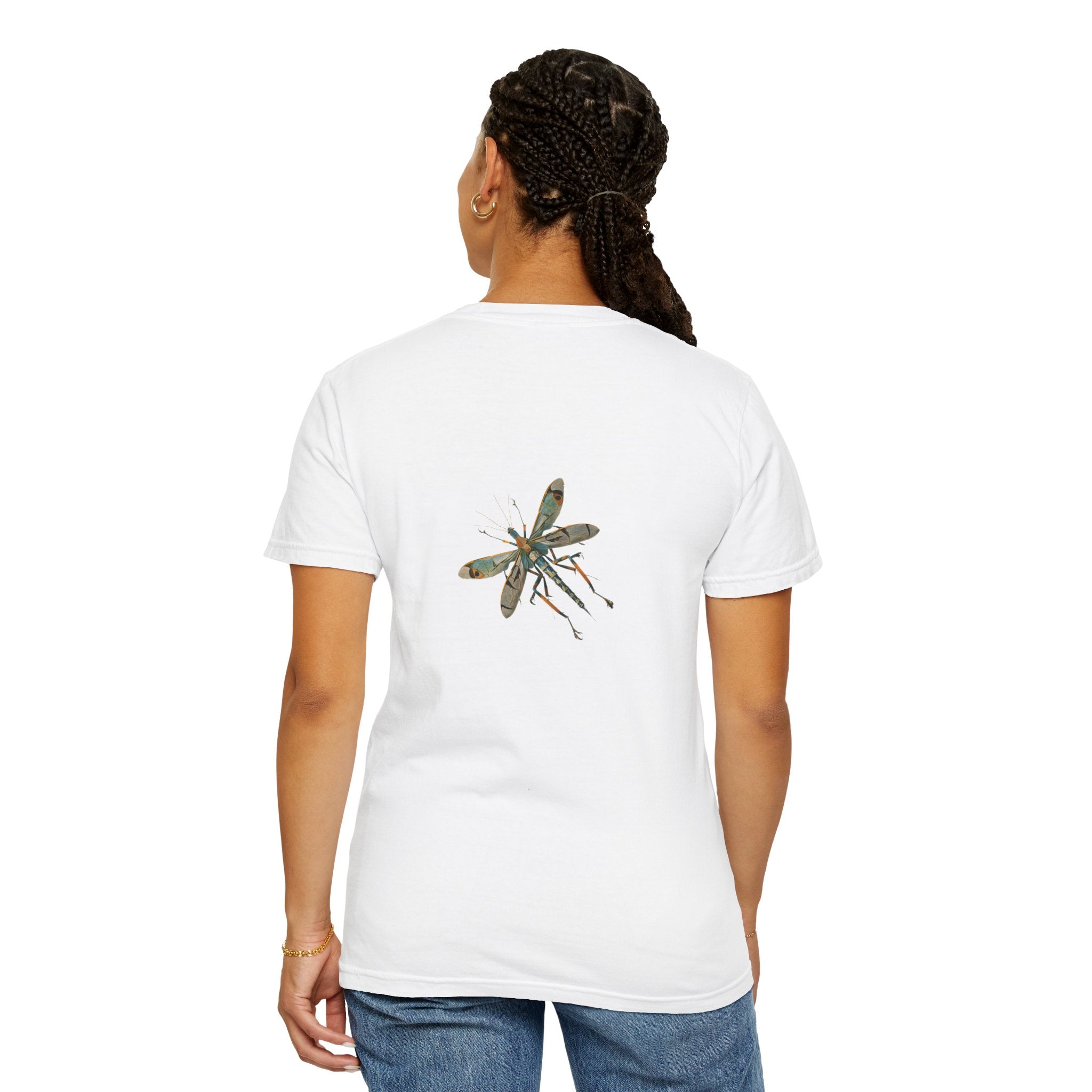 Humorous back bug t-shirt, unisex prank tee, garment-dyed funny shirt, realistic bug illustration top, casual conversation starter tee, quirky unisex garment, playful bug on back shirt, funny gift idea t-shirt, soft vintage look tee, comfortable humorous clothing, durable prank shirt, cheeky bug design t-shirt, no-shrink fun tee, lightweight humorous top, social event funny shirt