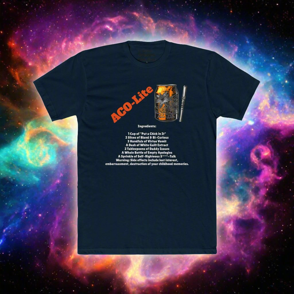 The image showcases a unisex cotton crew tee with a vibrant design featuring the Aco-Lite Cola logo in a space opera setting, highlighted by the "Extra Woke Edition" tagline. The shirt’s comfortable fit and high-quality cotton fabric are also emphasized, making it a must-have for those who love blending pop culture with satire.