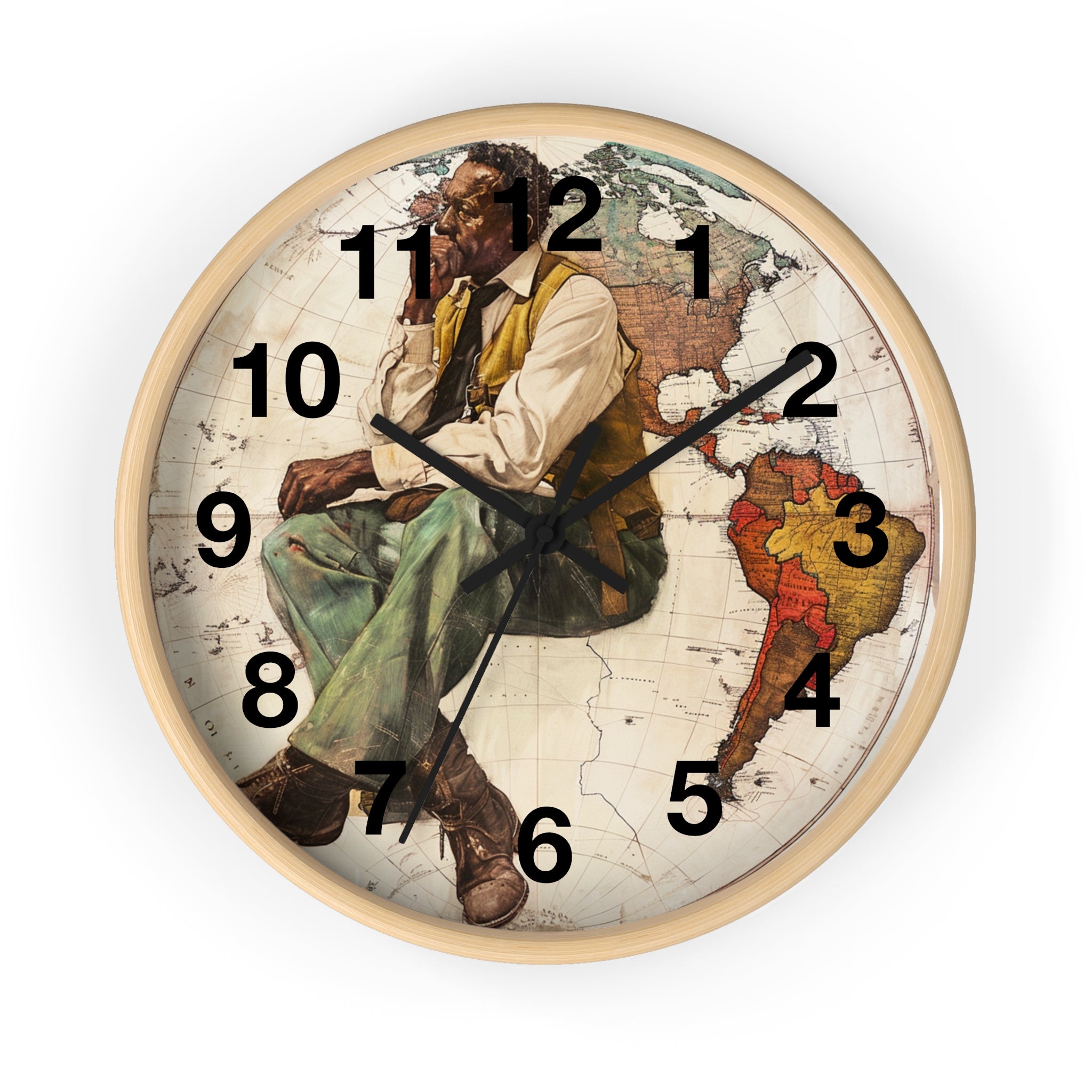 The image showcases an elegant wall clock featuring an abstract design inspired by Norman Rockwell. The clock highlights the achievements of Foundational Black Americans through artistic depictions, combining historical significance with a modern, abstract aesthetic. Its high-quality construction and sophisticated look make it a perfect addition to any home or office.