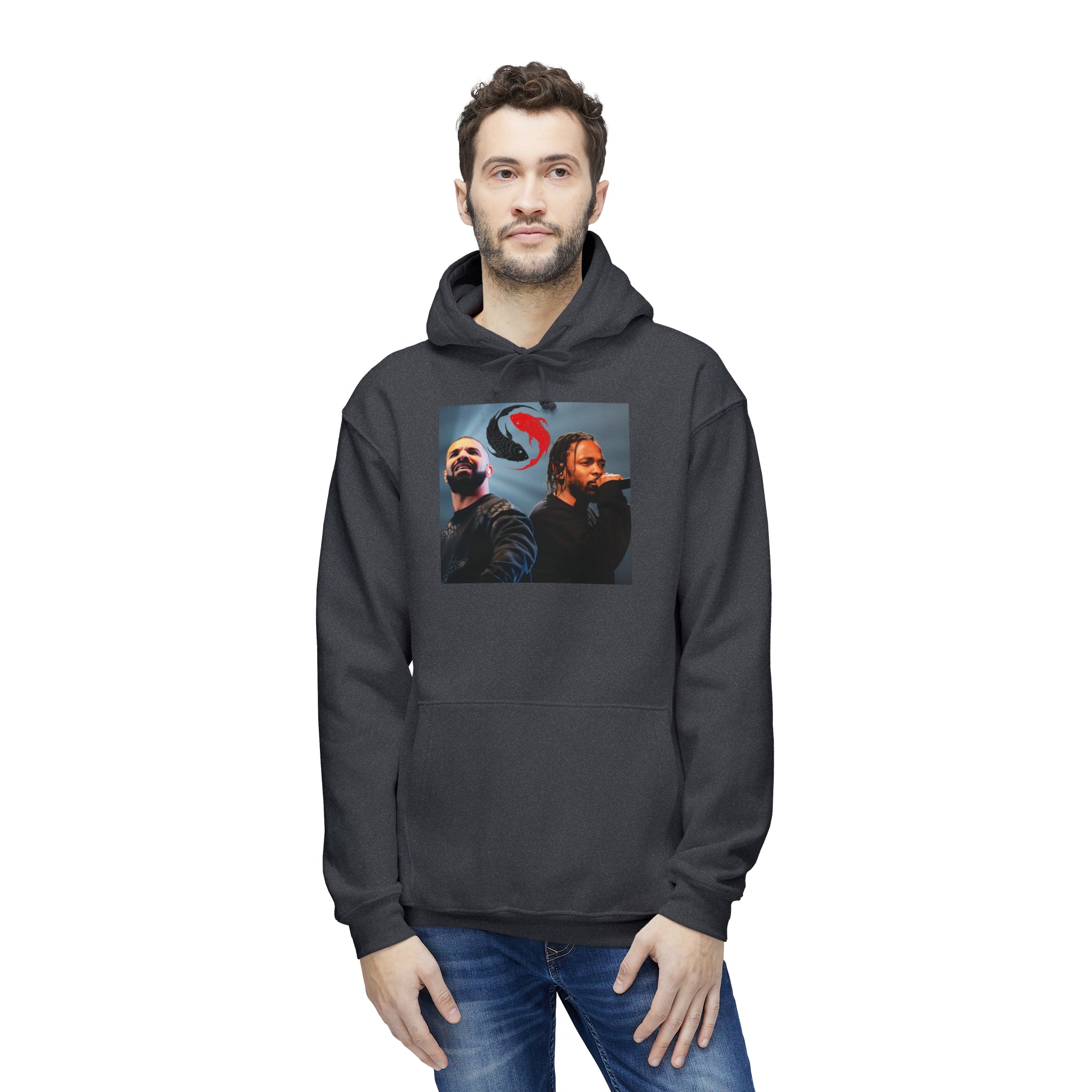 The image presents a cozy, unisex hooded sweatshirt featuring the captivating "Yin and Yang Beef - Drizzy vs. Lamar" design. Made with attention to detail and quality in the US, the hoodie captures the essence of hip-hop rivalry turned mutual admiration, set against a backdrop of soft, durable fabric that promises both style and comfort.