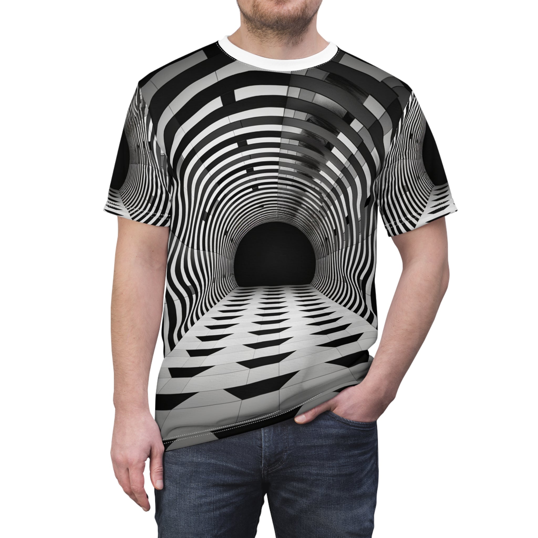 🌀 'Social Paradox' Unisex Tee: Engaging 3D Tunnel Illusion - Striking AOP Design for Social Ice-Breakers & Unique Fashion Statement 🌌✨ Conversation Starter