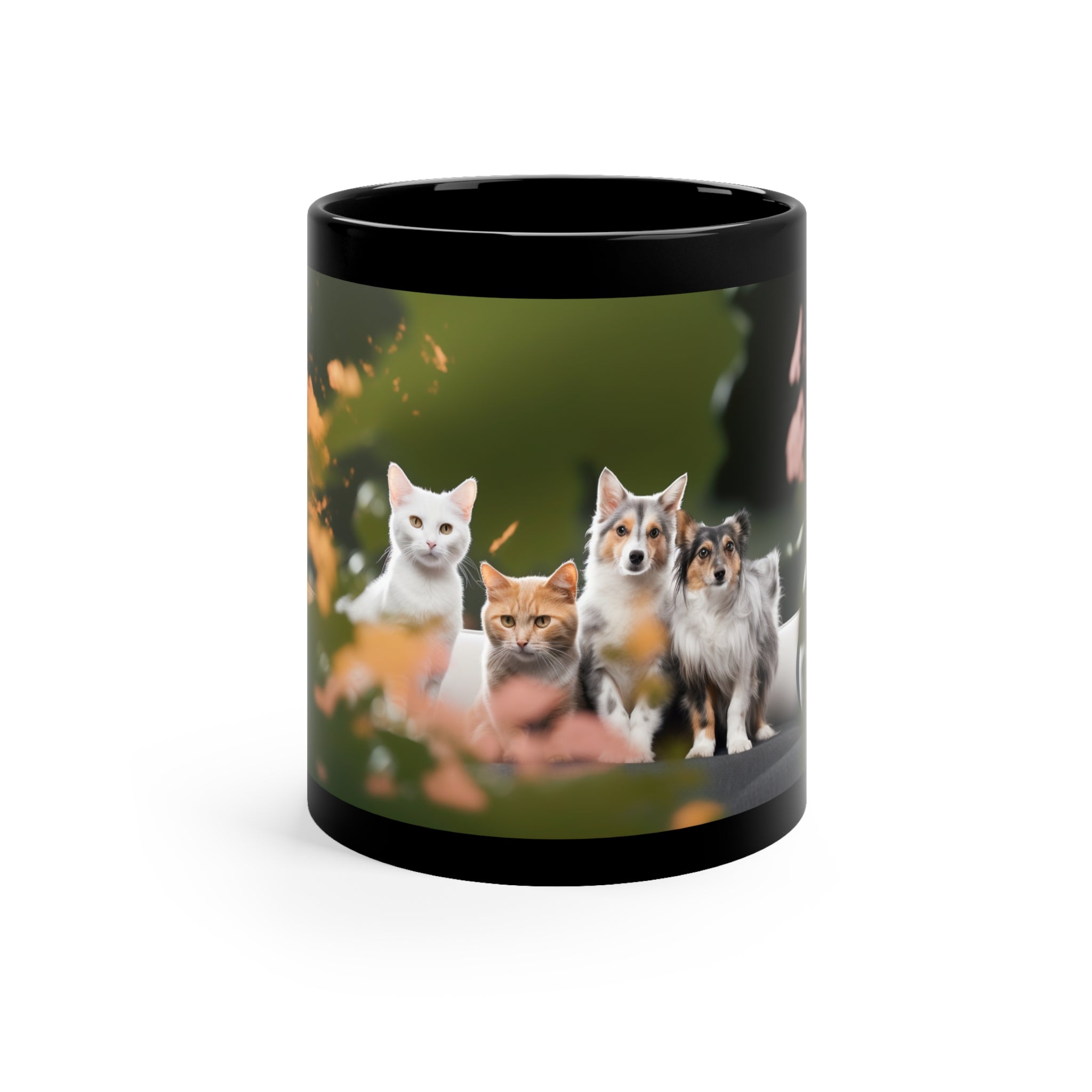 Photorealistic 11oz Black Mug Whimsical Pet Paradise  - Garden Delight with Dogs and Cats - Animal Lover's Drinkware