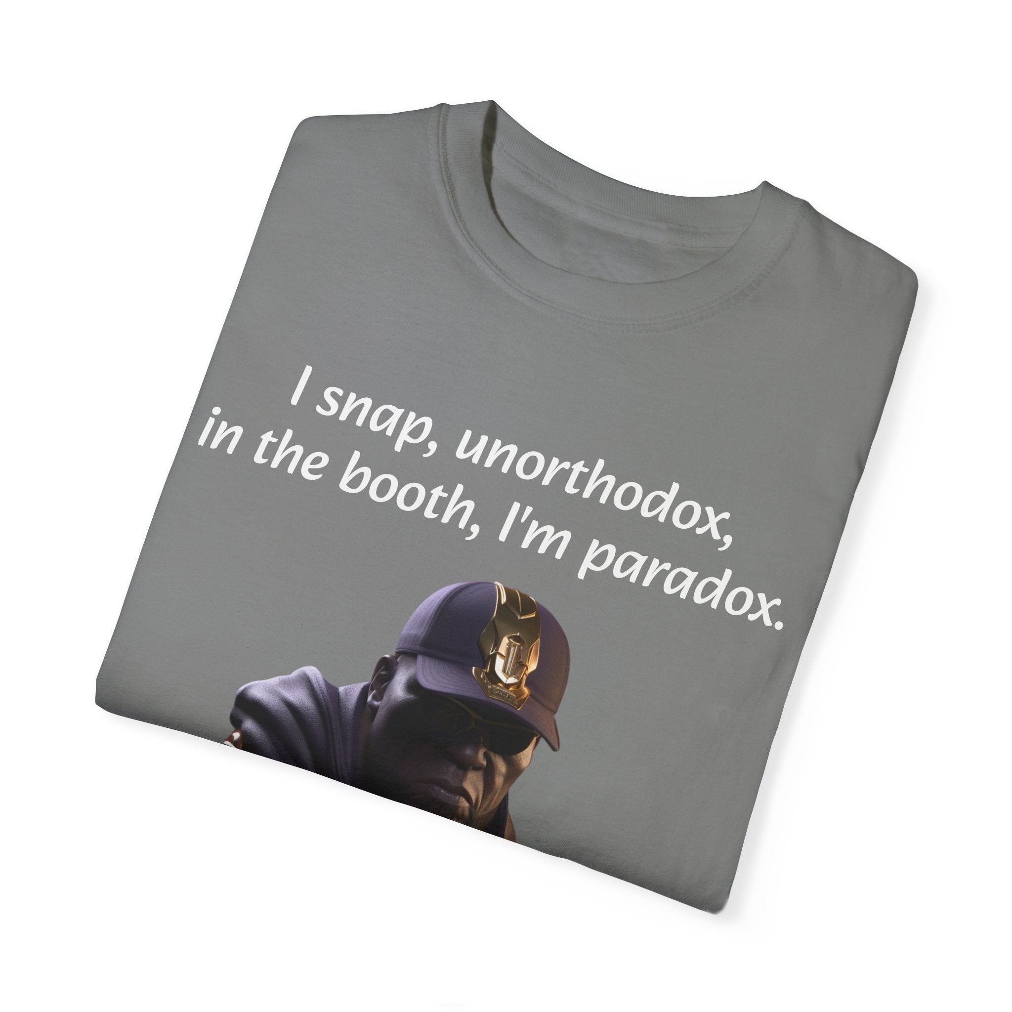 Lyrically Mad Titan T-Shirt: 'I Snap, Unorthodox, in the Booth, I'm Paradox' - Cosmic Warlord Inspired Hip Hop Unisex Garment-Dyed Tee for Urban Wear Enthusiasts