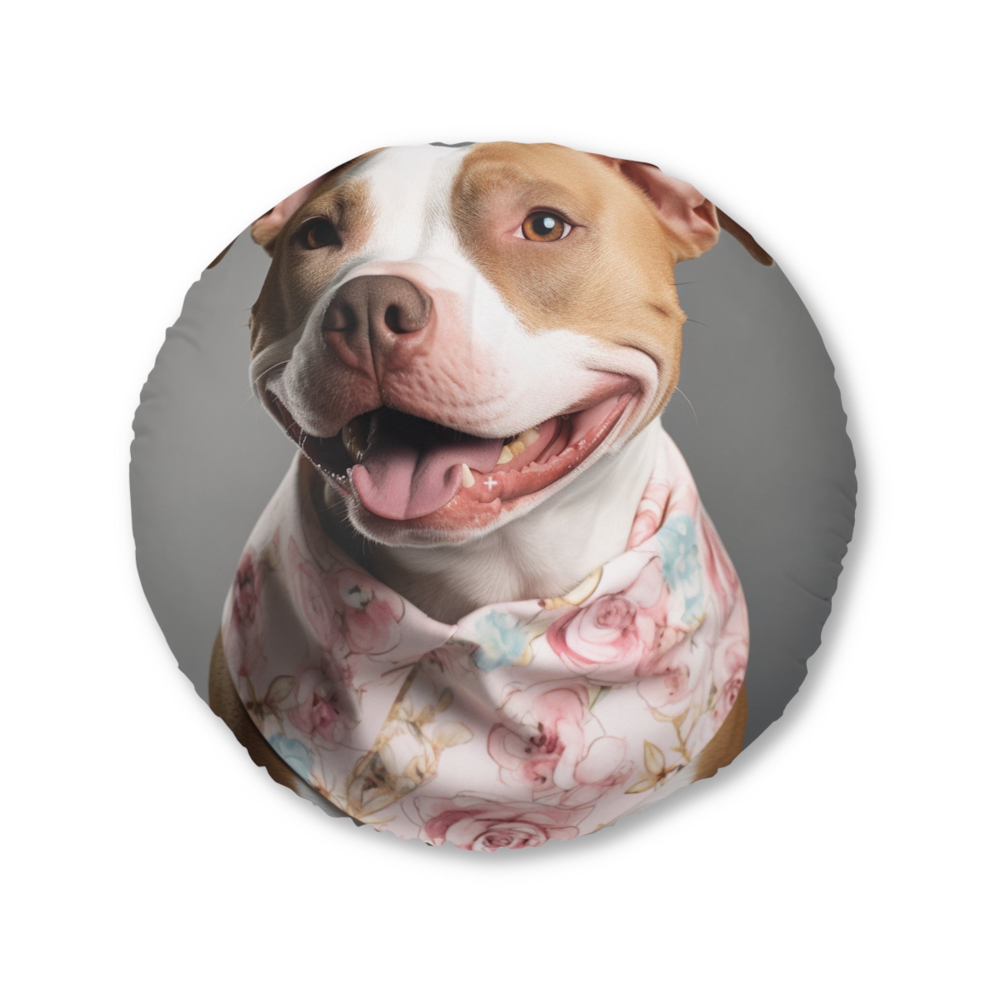 Cute Pitbull Pillow of Pitbull Wearing a Floral Pink Scarf.  Cute.