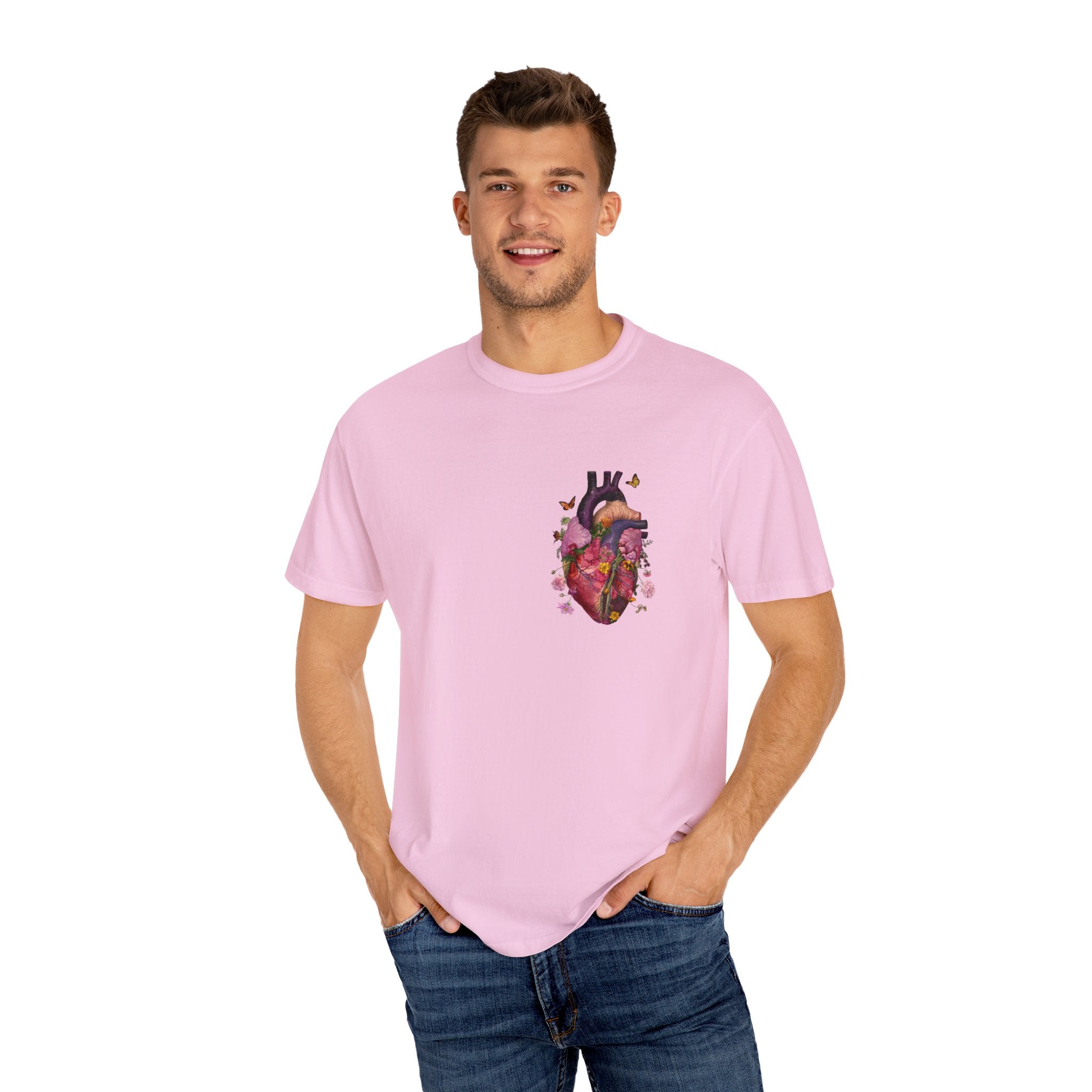 Botanical Heartbeat: Floral Heart Anatomy Unisex Garment-Dyed T-Shirt - Wearable Art with a Touch of Nature