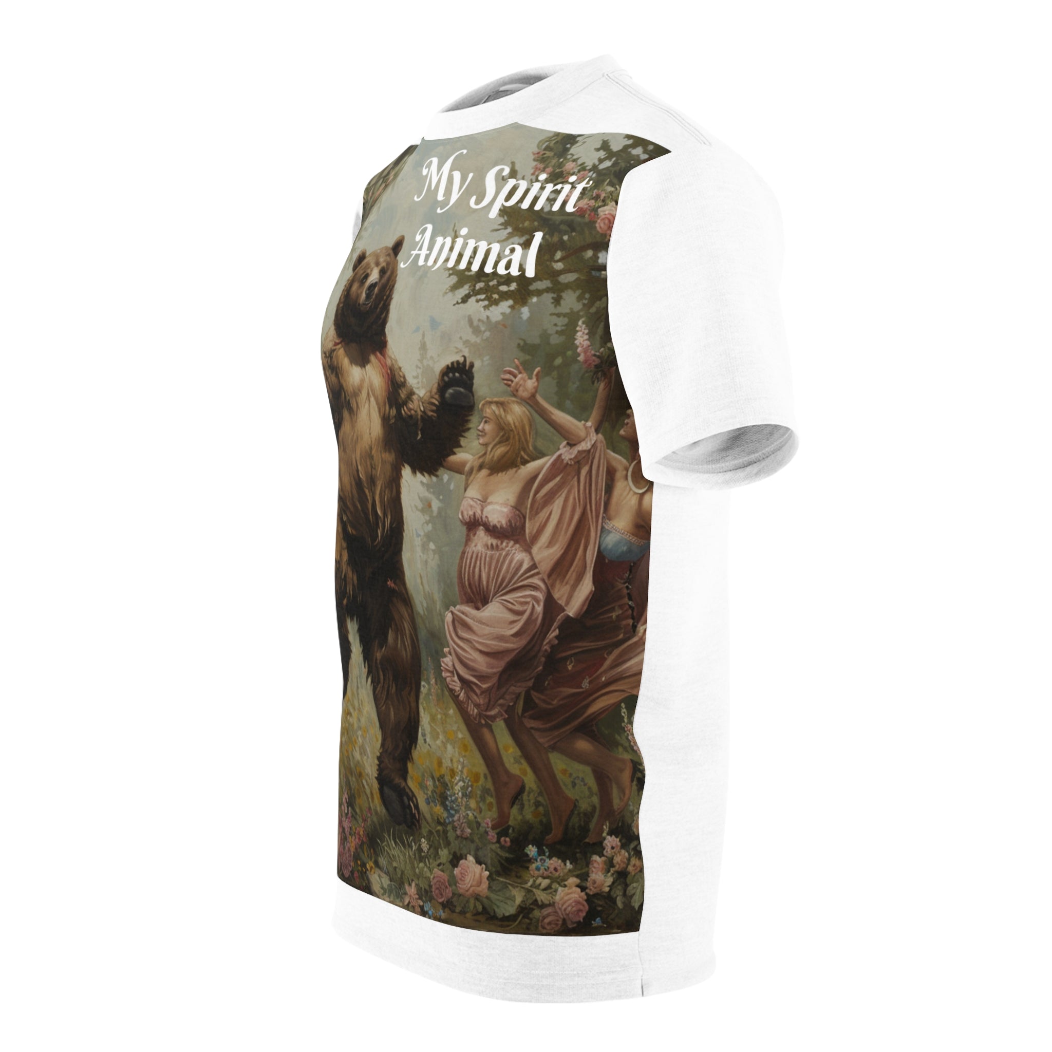 The image features a vibrant and artistically rich unisex tee showcasing a full-body, seamless print of a bear joyfully interacting with nymphs in a lush forest setting. The tee's cut and sew construction ensures the scene wraps beautifully around the shirt, enhancing both the visual impact and the storytelling element.