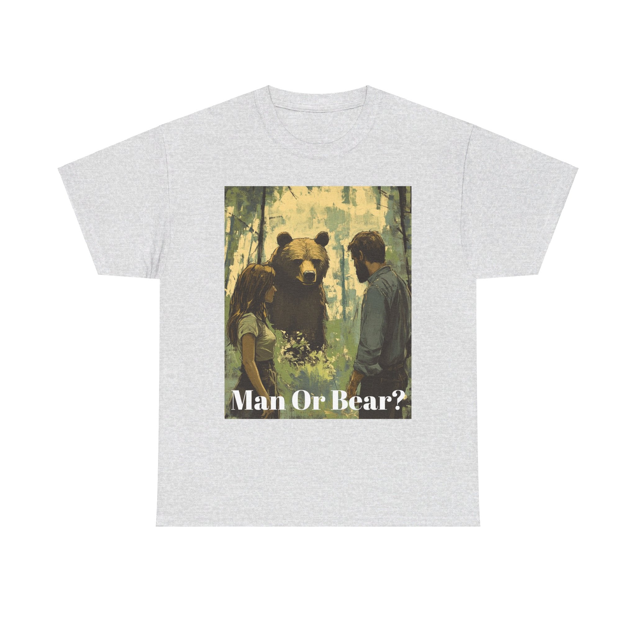 Wilderness Debate: 'Man or Bear?' Controversy Men's Heavy Cotton Tee - Embrace the Mystery