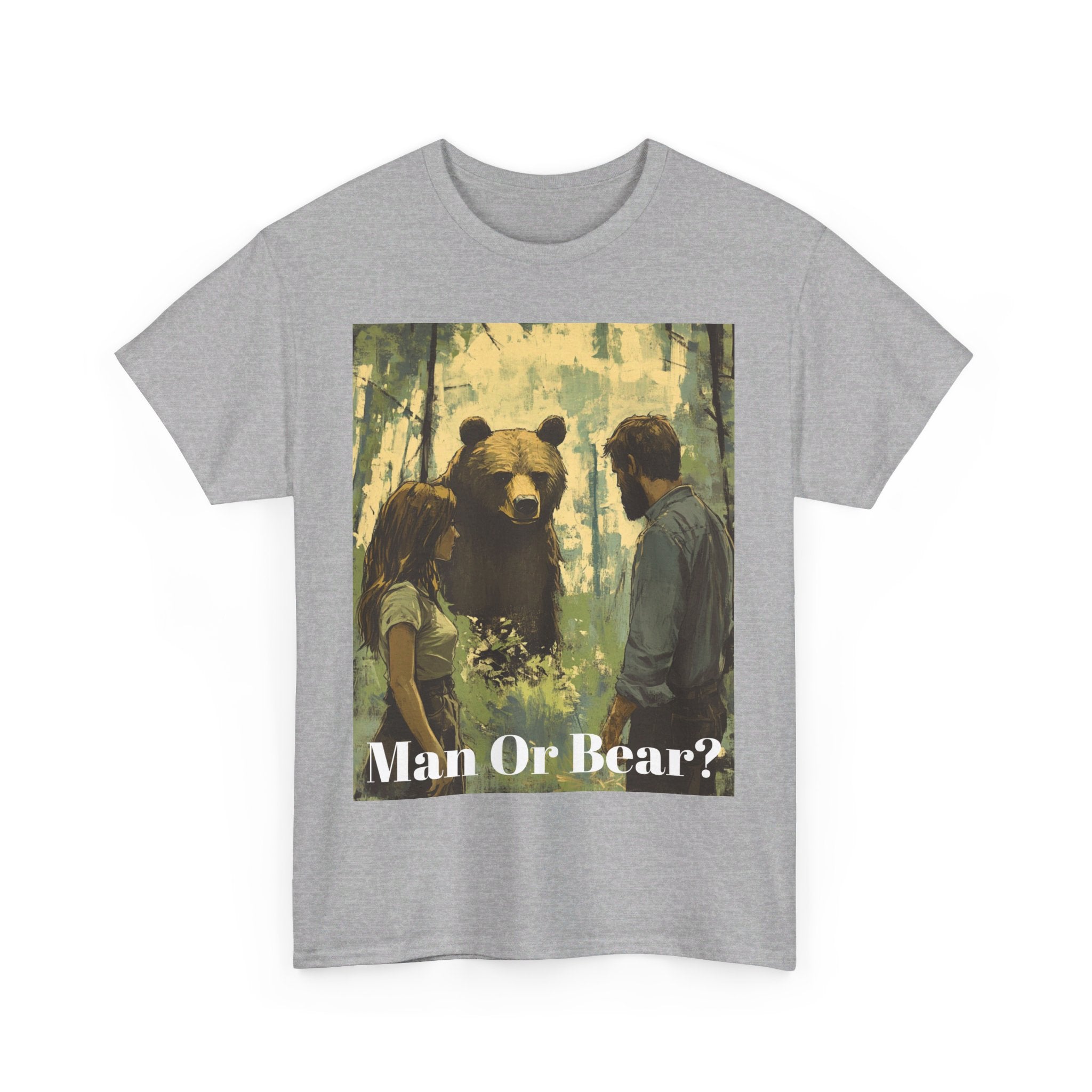 Wilderness Debate: 'Man or Bear?' Controversy Men's Heavy Cotton Tee - Embrace the Mystery