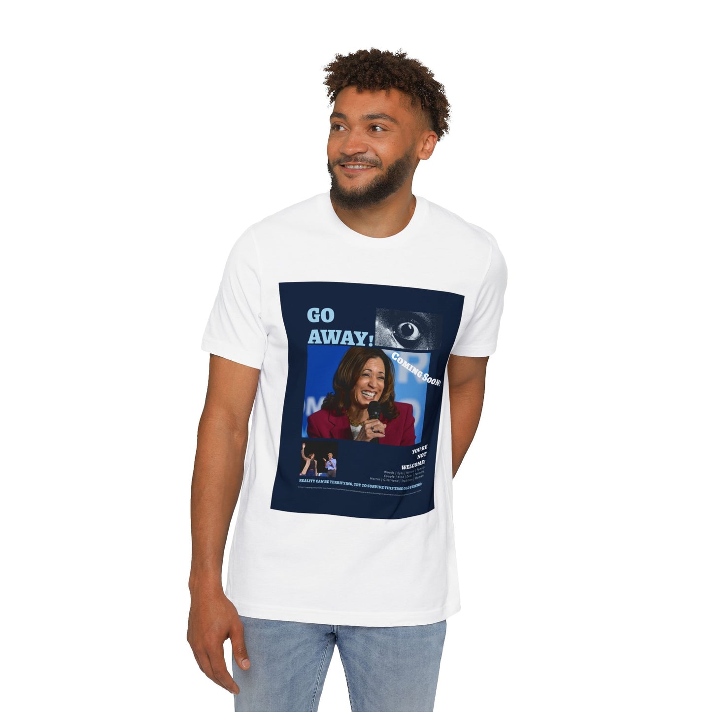 Go Away! Horror Film-Inspired Dem 2024 Campaign Parody USA-Made Unisex Jersey T-Shirt - A Bold Political Statement