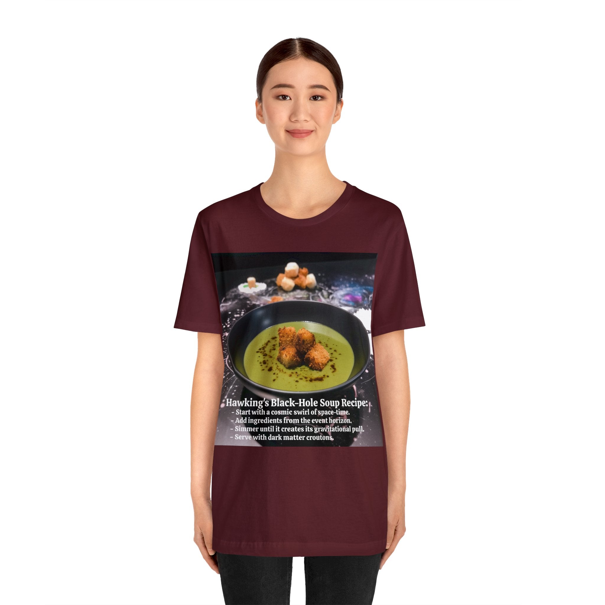 Show Your Charisma and Intellect with Hawking's Black-Hole Soup: A Cosmic Culinary Adventure Unisex Jersey Short Sleeve Tee