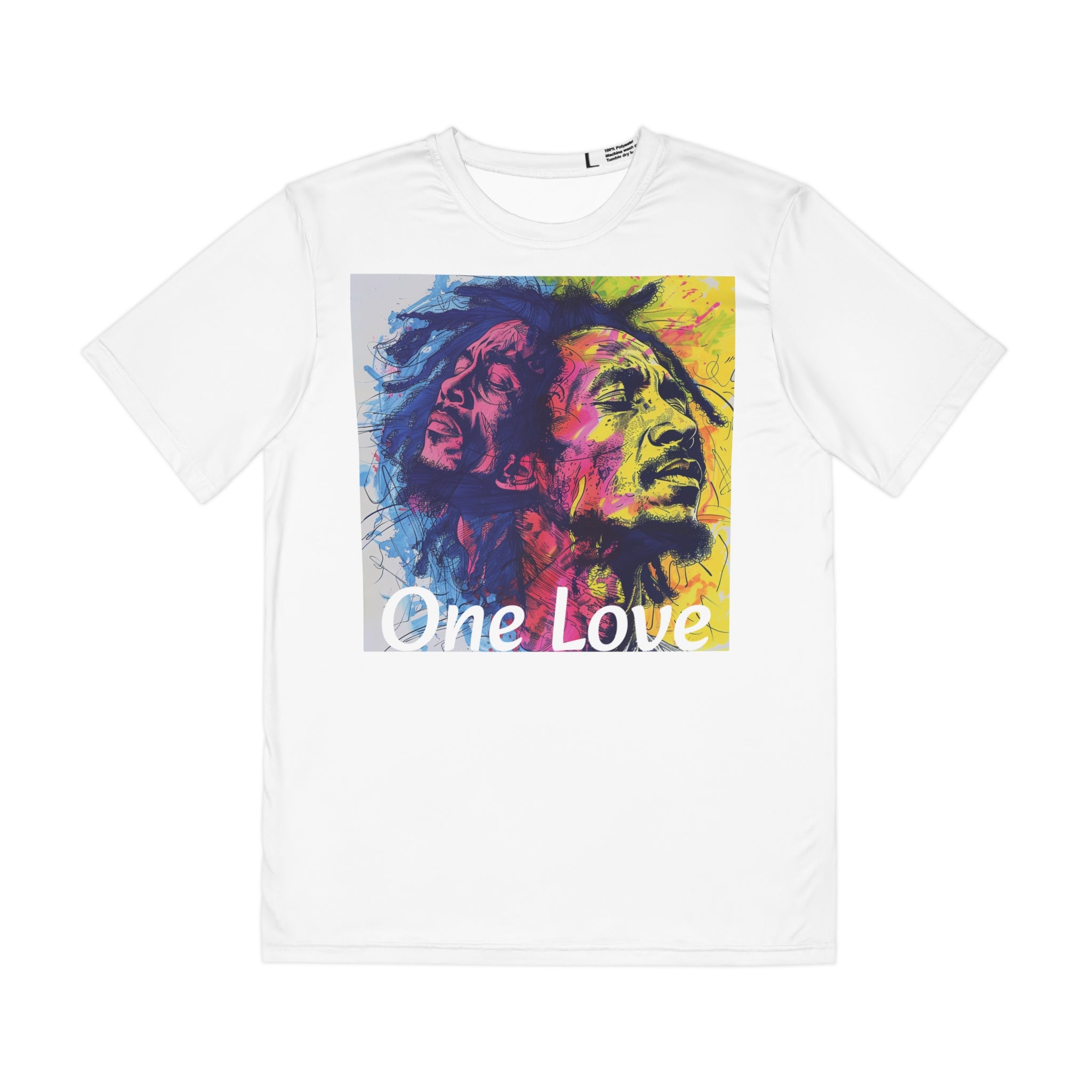 The image showcases a men's polyester tee adorned with a vivid, all-over print dedicated to Bob Marley. The design bursts with colors and symbolic references to Marley's artistry and message, all captured in high-quality fabric that highlights the tee's comfort and visual appeal