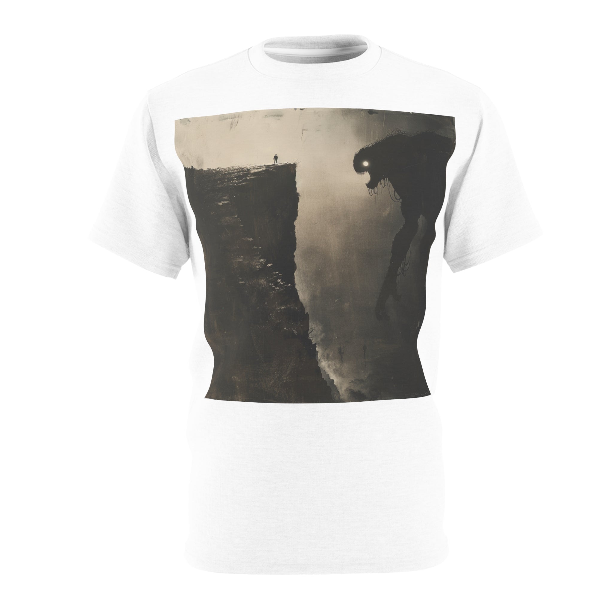 The image features a dynamic, full-coverage print on a unisex tee, showcasing an artistic rendition of a man standing resiliently on a cliff, facing the enormous shadow of a monster - a metaphor for his inner fears. The detailed artwork extends across the fabric, highlighting the tee’s cut and sew craftsmanship, while the vibrant colors and bold imagery make it a standout piece of motivational apparel.