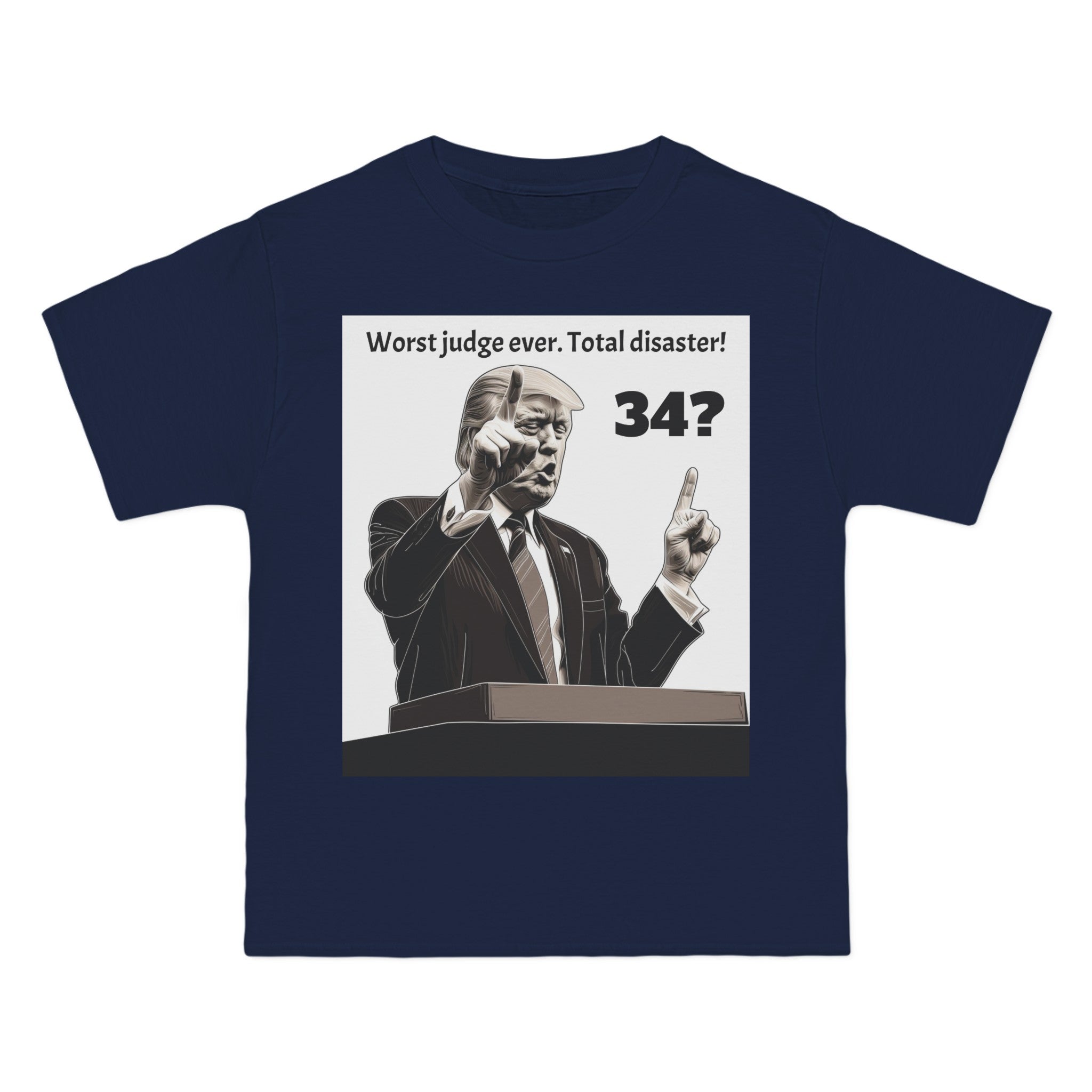 The image displays a robust, comfortable Beefy-T® short-sleeve t-shirt in a classic color. The front is emblazoned with the phrase "34 Counts? Worst Judge Ever" in bold, attention-grabbing typography, reflecting a satirical take on political narratives. The shirt’s quality and fit are highlighted, promising both style and comfort for the politically aware.