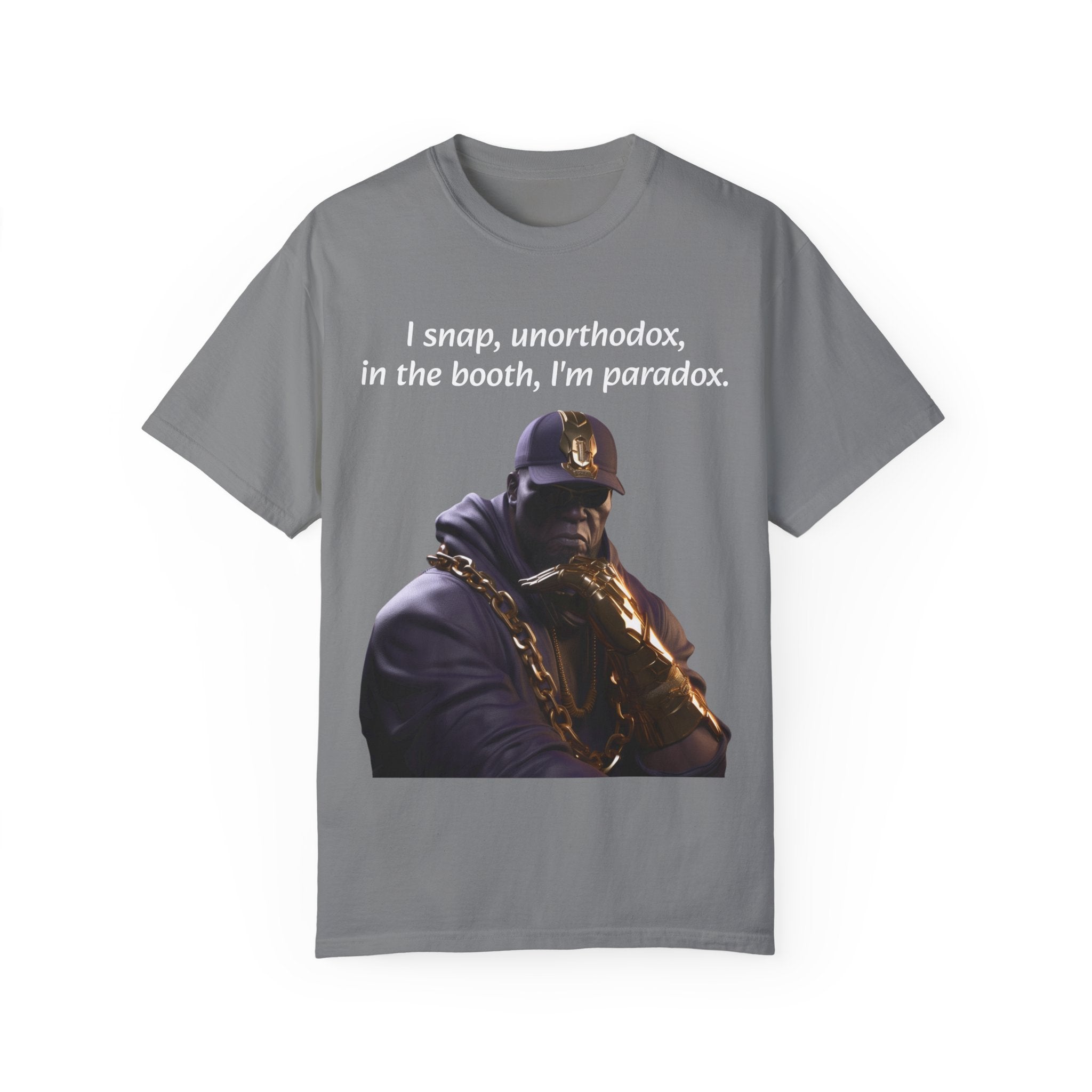 Lyrically Mad Titan T-Shirt: 'I Snap, Unorthodox, in the Booth, I'm Paradox' - Cosmic Warlord Inspired Hip Hop Unisex Garment-Dyed Tee for Urban Wear Enthusiasts