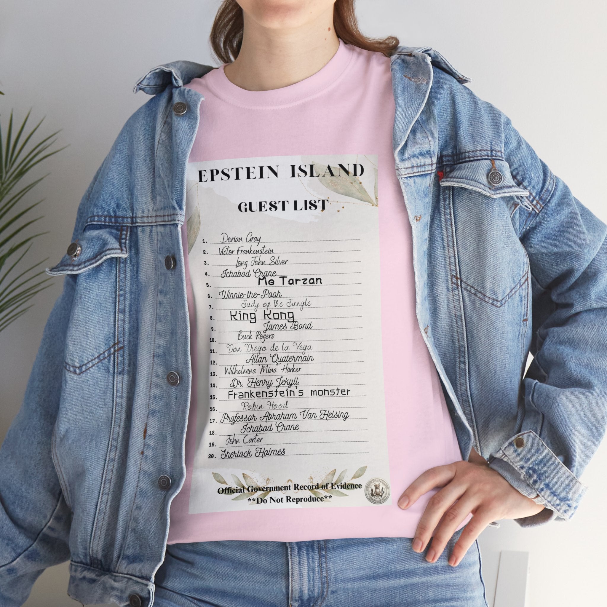 Women's Shirt Top Creepy Island Baron Guest List" Funny Parody Unisex Heavy Cotton Tee Funny T-Shirt of E-Island Guest List Funny Shirt for Him for Funny Events