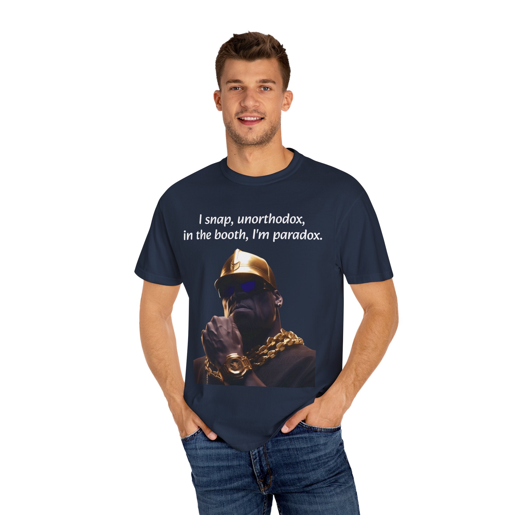 Lyrically Mad Titan T-Shirt: 'I Snap, Unorthodox, in the Booth, I'm Paradox' - Cosmic Warlord Inspired Hip Hop Unisex Garment-Dyed Tee for Urban Wear Enthusiasts