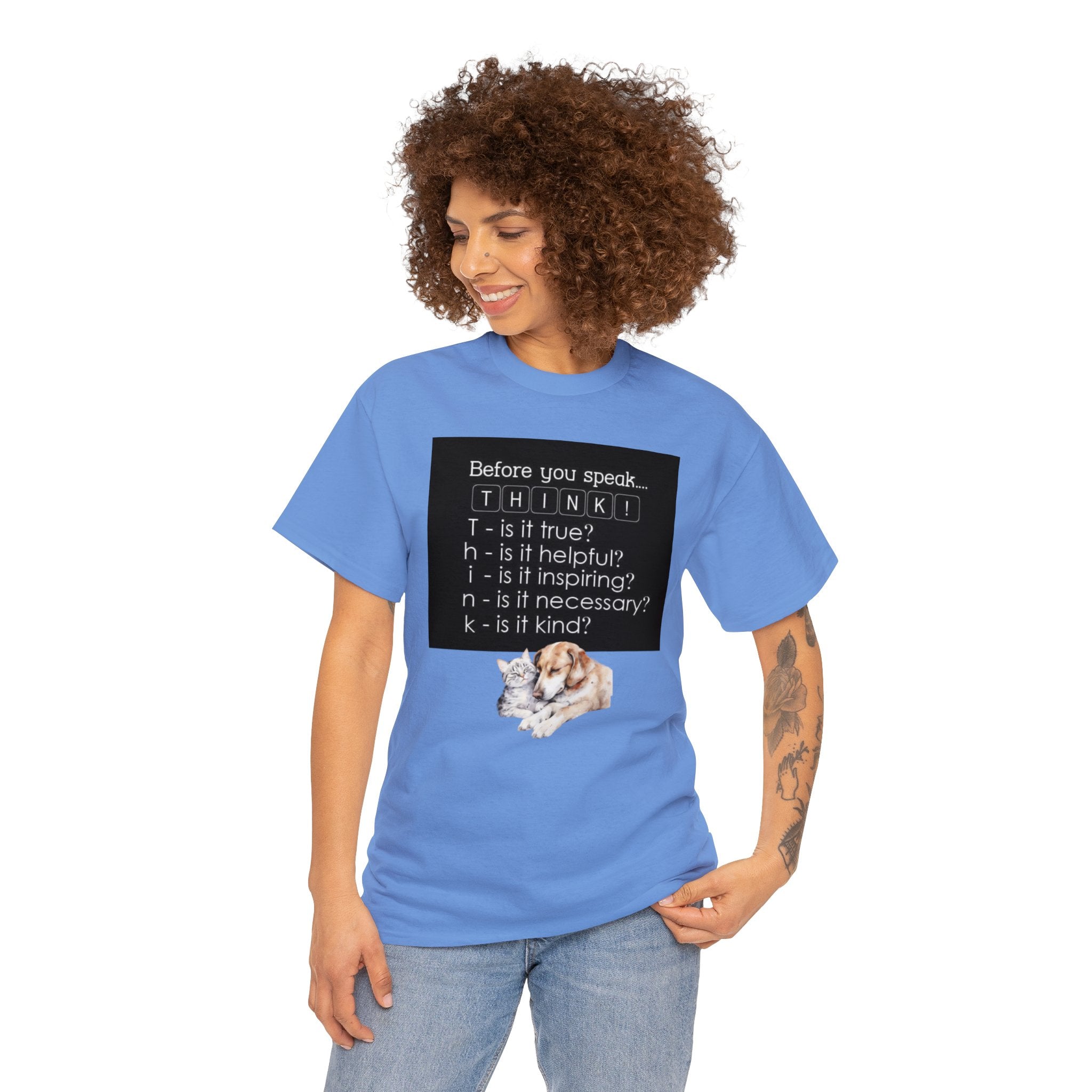 T.H.I.N.K Acronym Kindness Dog and Cat Comfy Friends Unisex Heavy Cotton Tee - Spread Positivity & Friendship