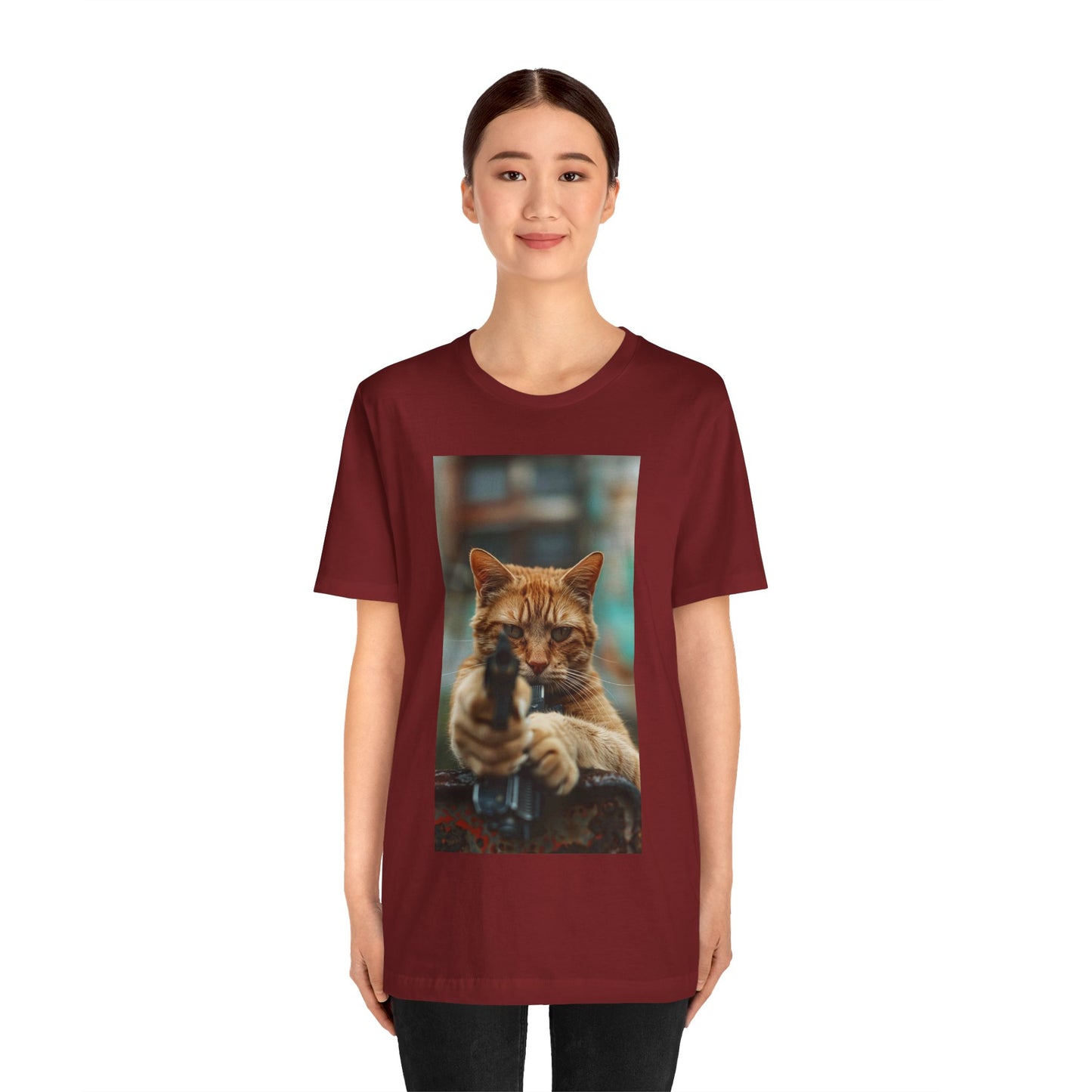 Stealth Paws: Feline Hitman Women's Jersey Short Sleeve Tee - Quirky Cat-Themed Apparel for Fashion-Forward Cat Lovers