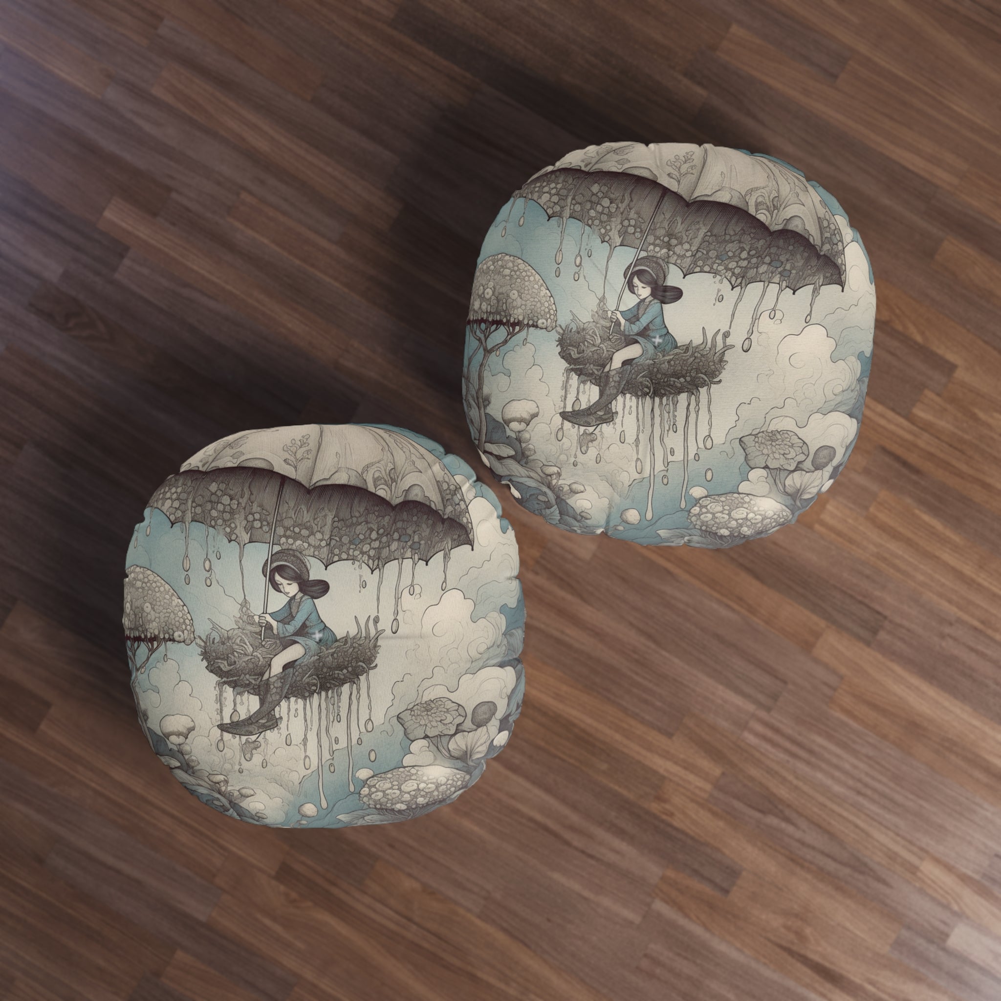 Tufted Floor Pillow, Round "Swinging on Cloud 9"