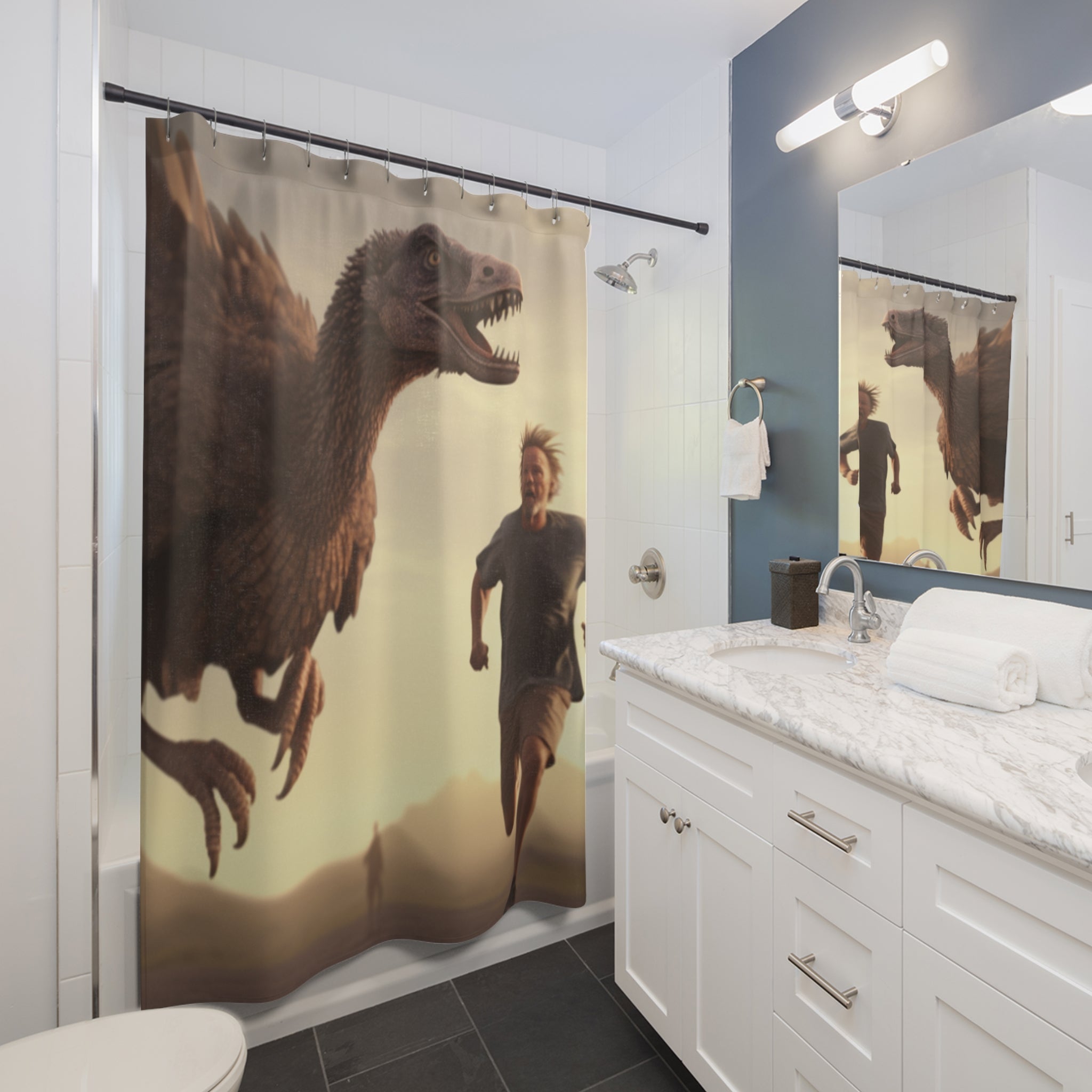 Escape from Big Bird: Prehistoric Chase Scene - Hilarious Man Running from Giant Bird Funny Shower Curtain: Add a Dash of Prehistoric Humor to Your Bathroom