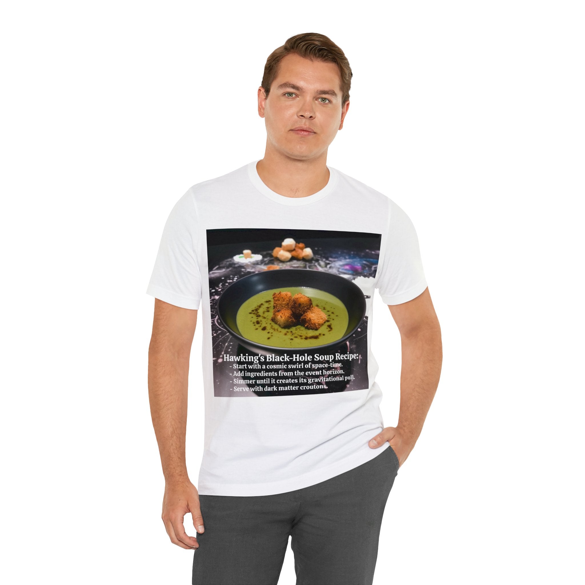 Show Your Charisma and Intellect with Hawking's Black-Hole Soup: A Cosmic Culinary Adventure Unisex Jersey Short Sleeve Tee