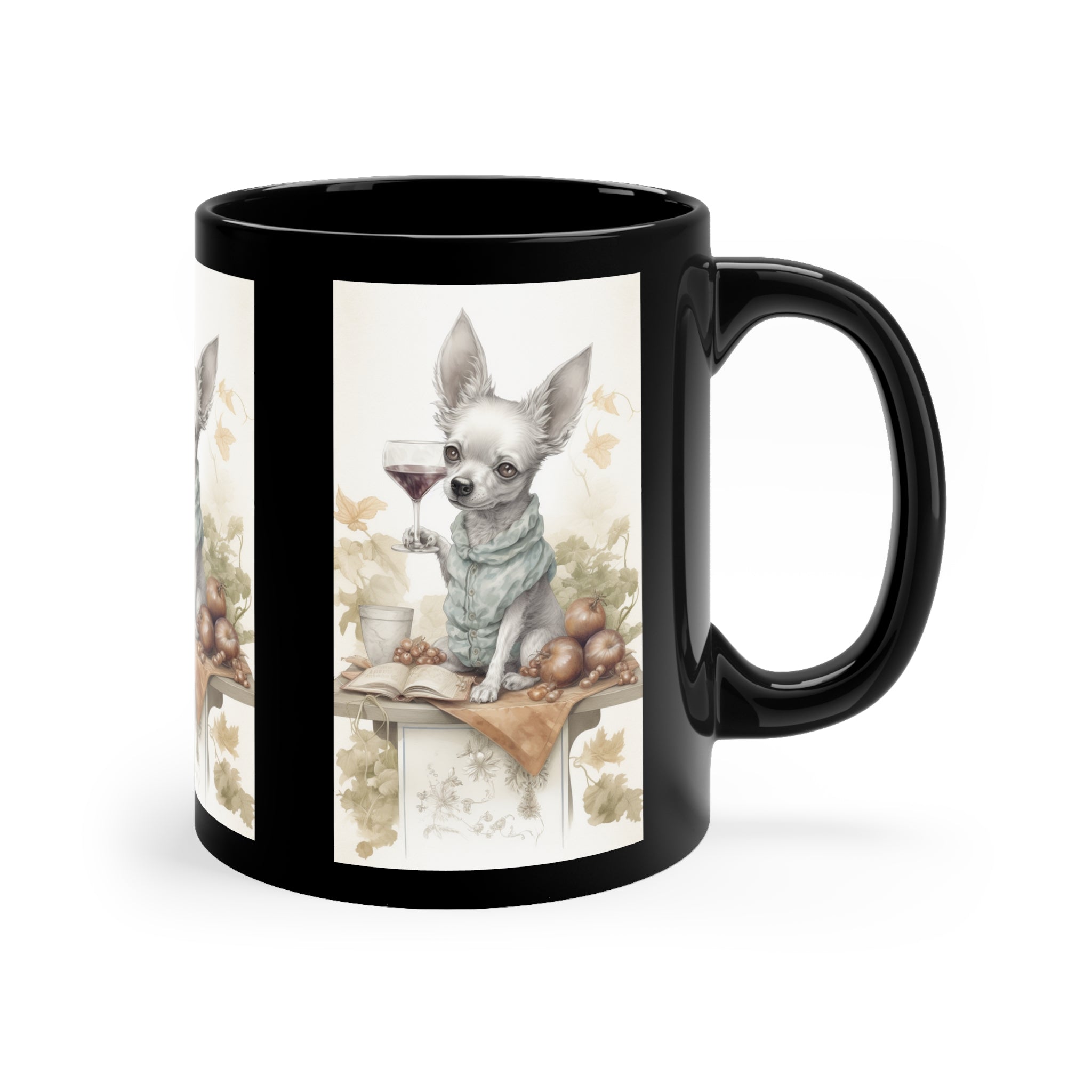 🍷 Wine Serving Chihuahua 11oz Black Mug - Whimsical Dog Lover's Coffee Cup | Adorable Chihuahua Bartender for Wine Enthusiasts
