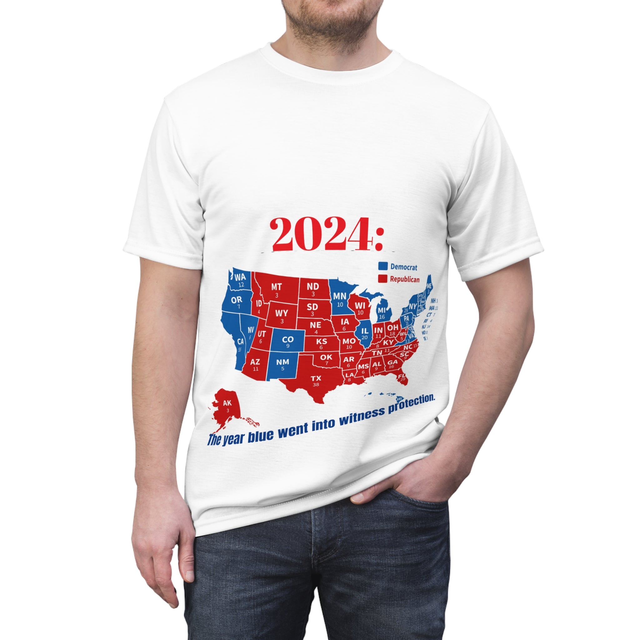 The image showcases a unisex cut & sew tee with an all-over print map of the 2024 US election results, featuring an overwhelming red design. The comfortable fit and high-quality fabric make it ideal for everyday wear.